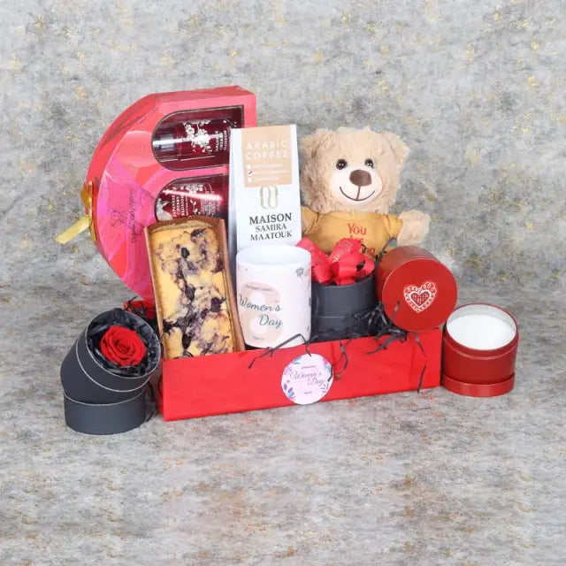Womens Day Gift Tray RedGifts and HampersGift Includes: 1 Red Forever Rose in Black Box You Are Amazing Teddy 20cm Arabic Coffee 100gm Womens Day Coffee Mug 1 Blueberry Loaf Cake 1 Scented Tin Candle 1 Bath and Body Works Gift Set - Shower Gel 88ml, Body