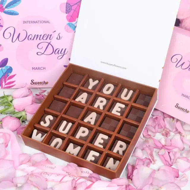 Womens Day You Are a Brave Super Women Chocolates By SweechoChocolate & ConfectioneryBrand - Sweecho Text - You Are a Super Women Type - Milk Chocolate Quantity - 25 Pcs Marble Chocolate Letters Assorted Flavors - Pistachio, Cheesecake, Peanut, Caramel an