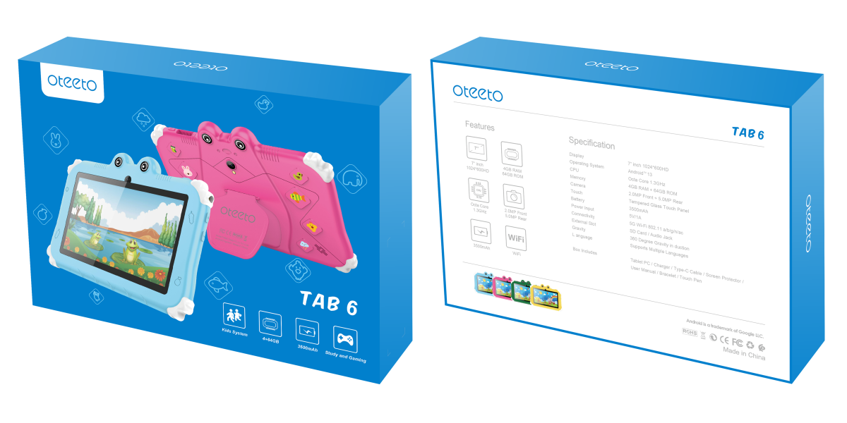 Oteeto TAB 6-Pro Tablet 4GB RAM + 128GB ROM, 7 Inch IPS LCD, Quad-Core 1.3 GHz Processor, Wifi, Android 13TabletsDesigned for little hands and big imaginations! Safe, smart, and super fun! Introducing the ultimate Oteeto TAB 6 kids’ tablet. Empowering you