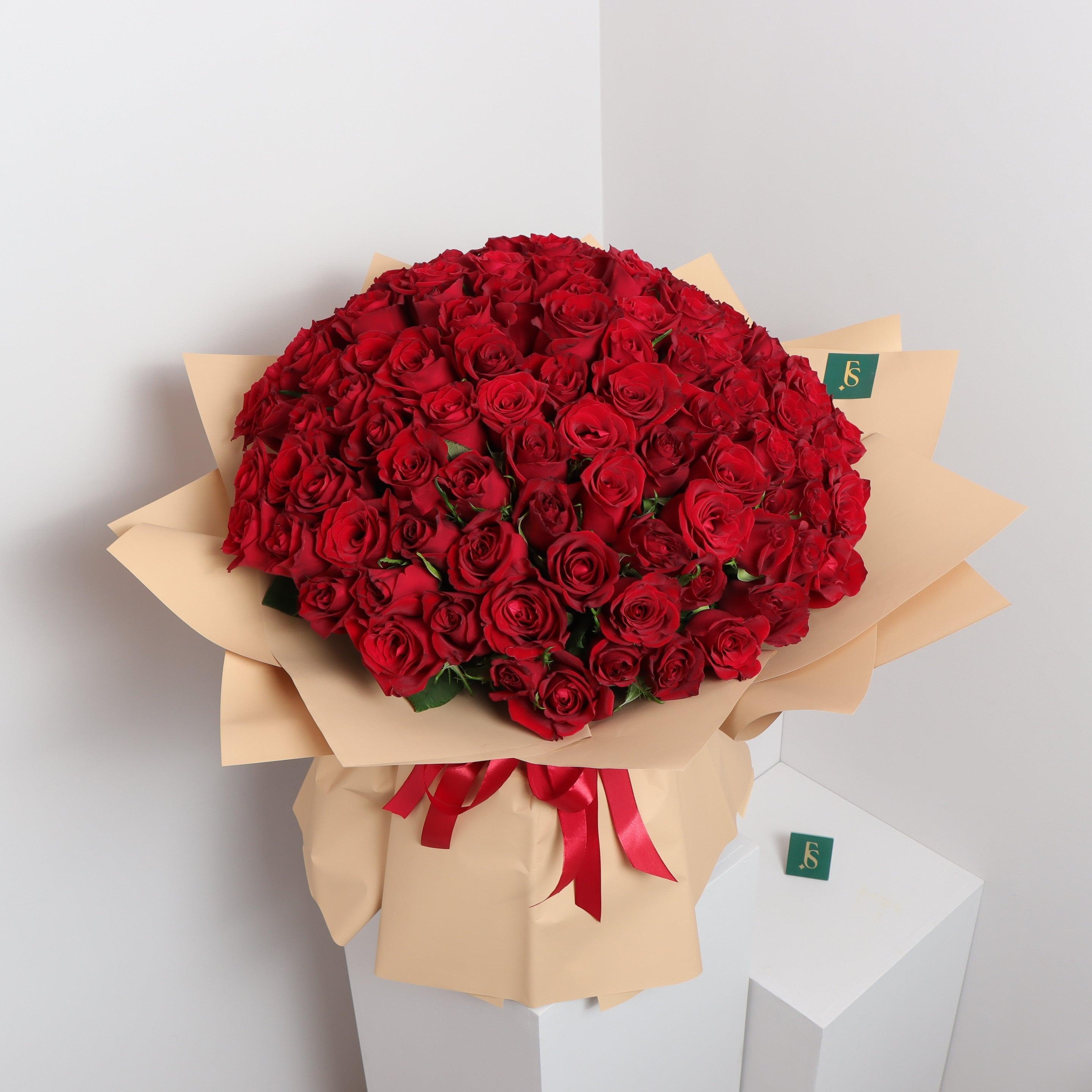 100 Signature Red Roses BouquetFlowersSame-day delivery Treat yourself or a special someone to 100 luxurious red roses a stunning bouquet of beauty and love. Ready to impress and make your loved one smile, this romantic bouquet of red roses will fill the