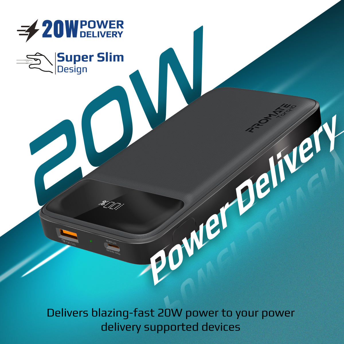 Promate Power Bank with 10000mAh Battery, Kickstand, 20W USB-C PD Port and QC 3.0 18W Port, Torq-10 Black