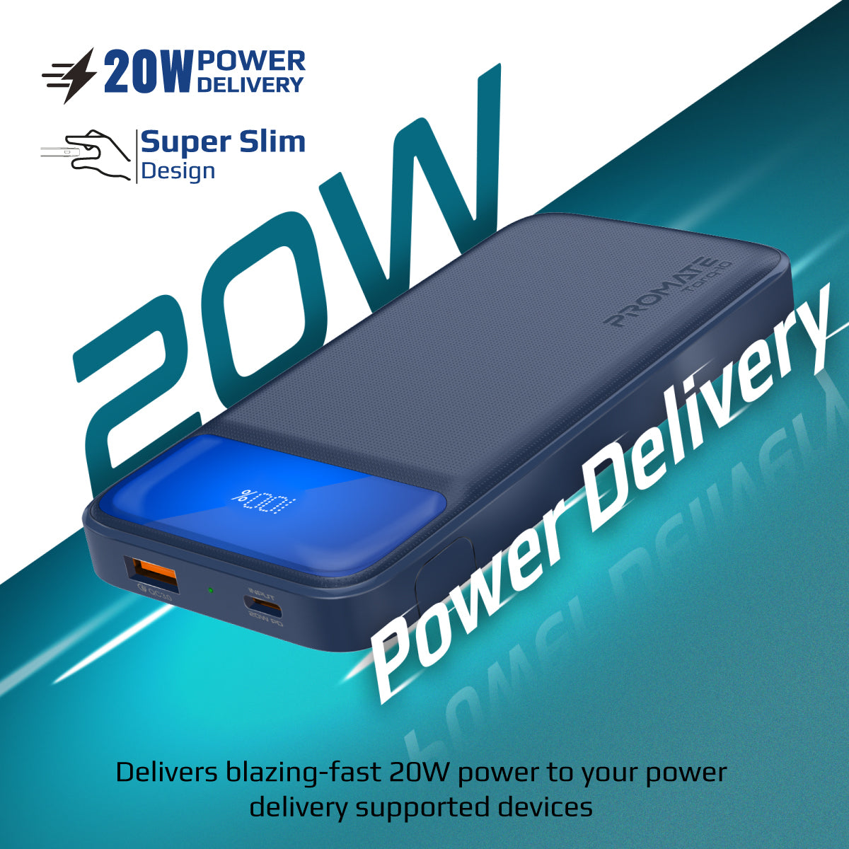 Promate Power Bank with 10000mAh Battery, Kickstand, 20W USB-C PD Port and QC 3.0 18W Port, Torq-10 Navy