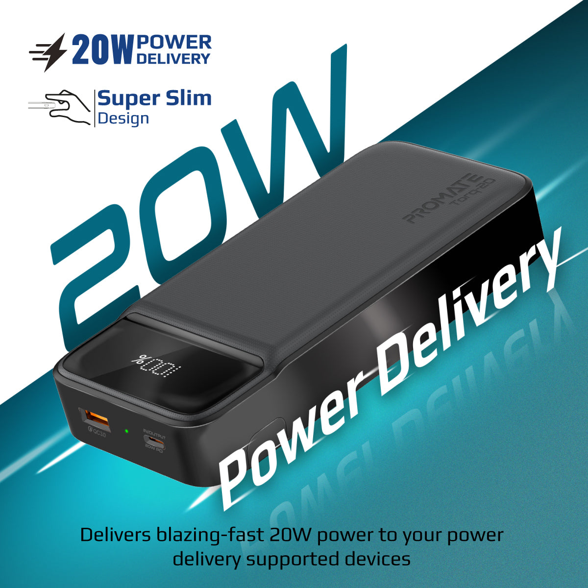 Promate Power Bank with 20000mAh Battery, Kickstand, 20W USB-C PD Port and QC 3.0 18W Port, Torq-20 Black