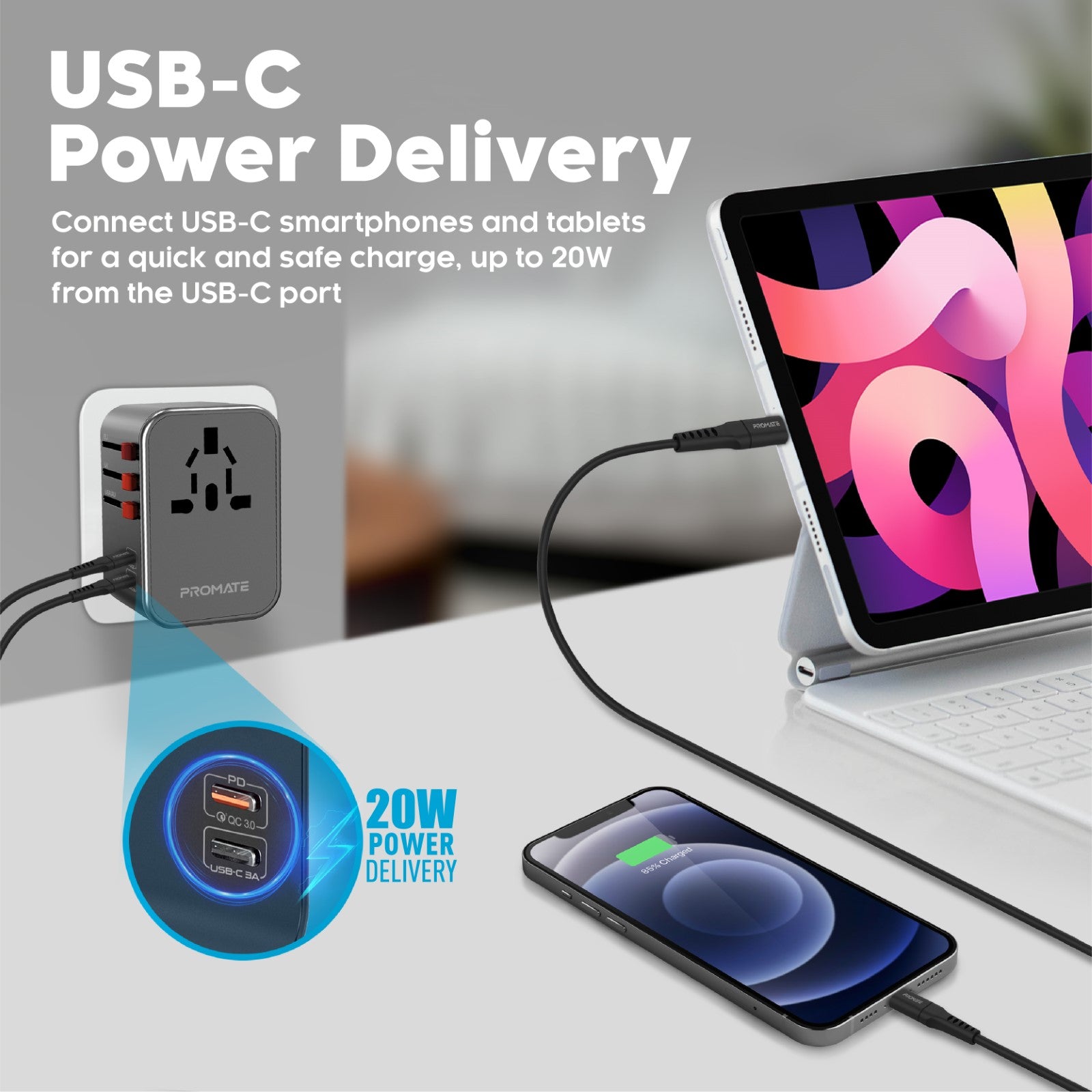 Promate Travel Adapter with 1840W AC Socket, 20W USB-C™ PD, 15W USB-C™ and 3 USB Ports, TripMate-36W