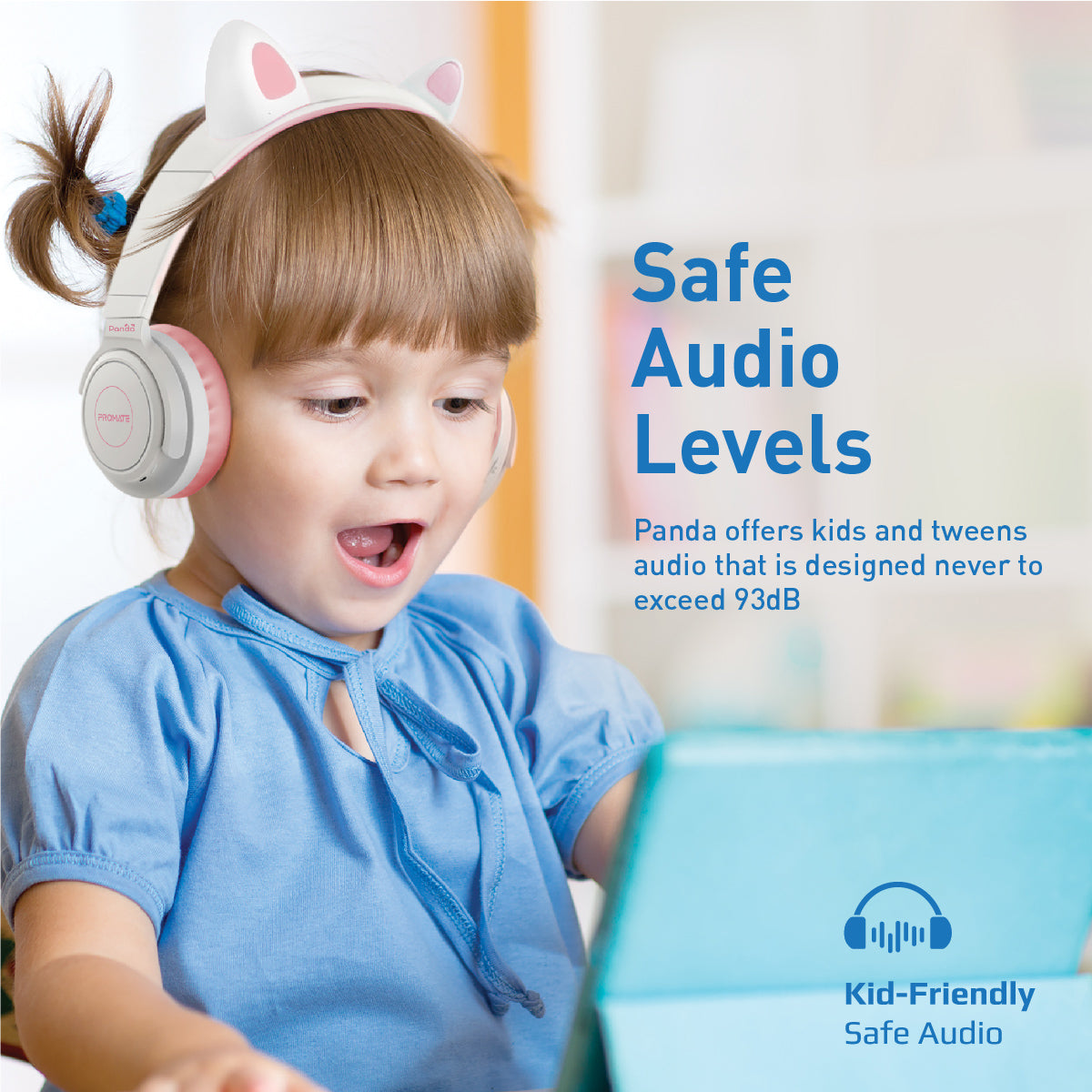 Promate Kids Wireless Bluetooth Headphones with LED Cat Ears, Safe Volume Limit, Mic, AUX, TF Card Slot, Panda Bubblegum