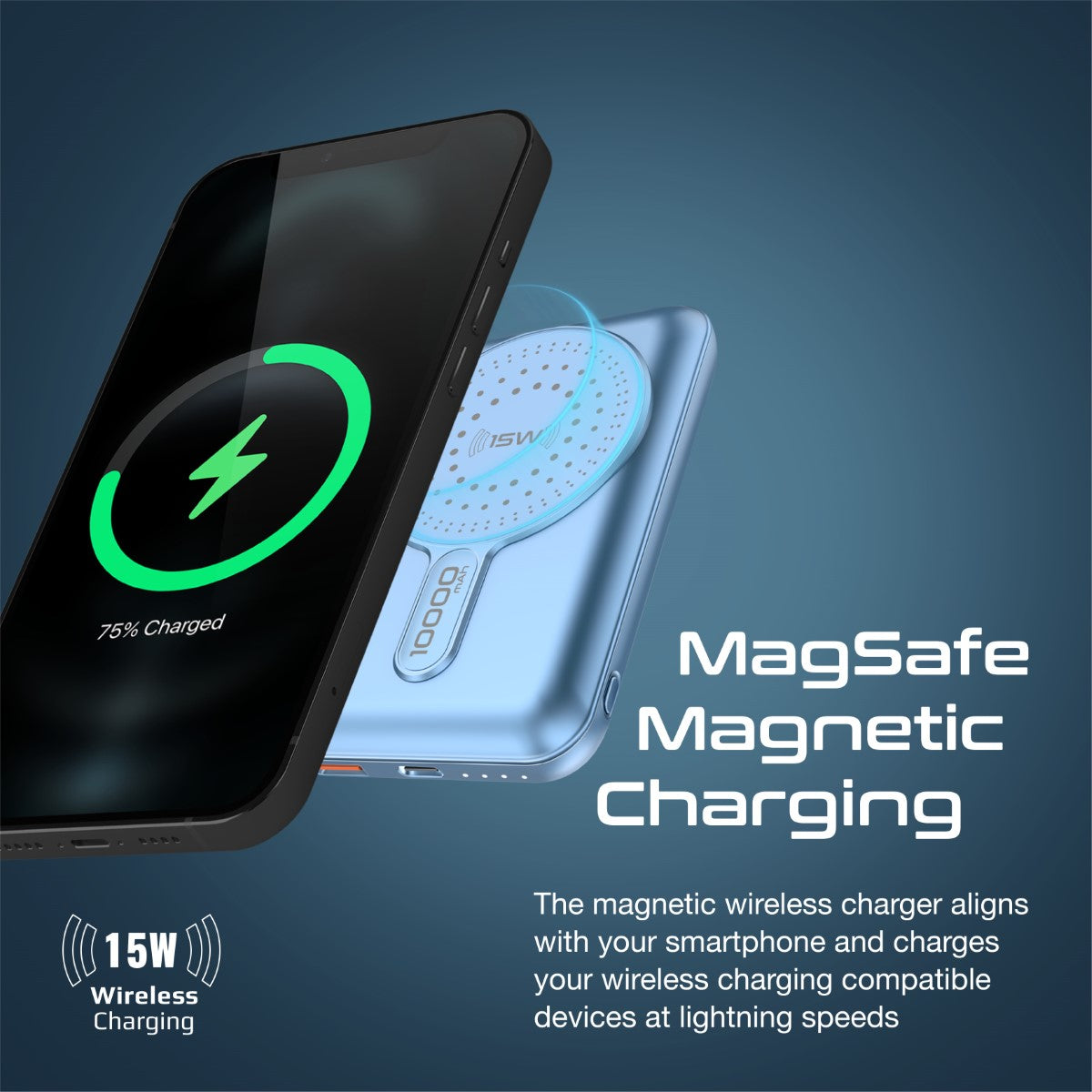 Promate Magnetic Wireless Power Bank, 10000mAh 15W Qi Wireless Mag-Safe Battery Pack with 20W USB-C Power Delivery Port, 18W QC 3.0 Port and Foldable Stand for iPhone 13, iPad Air PowerMag-10Pro Blue