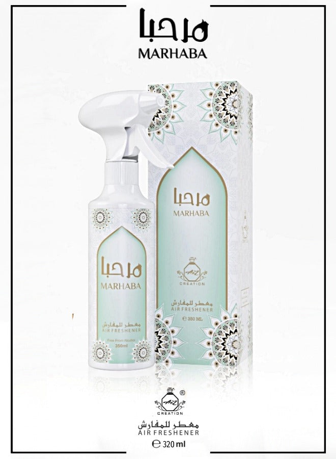 A to Z Creation Air Freshener Marhaba 350mlPerfumes & FragrancesAdd a dash of freshness and fragrance to your surroundings and fabrics with this luxurious air and fabric freshener. Can overcome tough-smelling odors and leave a lingering, lasting freshness