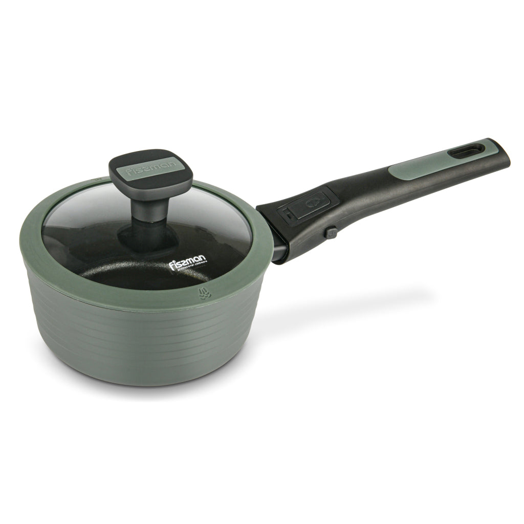 FISSMAN Aluminium with Non-Stick Coating SaucePan BRILLIANT 16x7.5cm/1.3 L with Detachable Handle and Glass LidKitchen StorageSaucepan BRILLIANT 16x7.5 cm / 1.3 LTR with detachable handle and glass lid (aluminum with non-stick coating)FISSMAN the well-kno