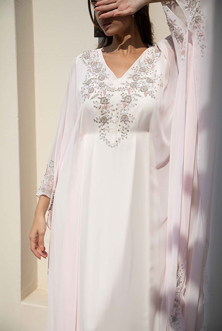 Fatima with Love - Baby Pink with Silver Embroidery Chiffon Kaftan