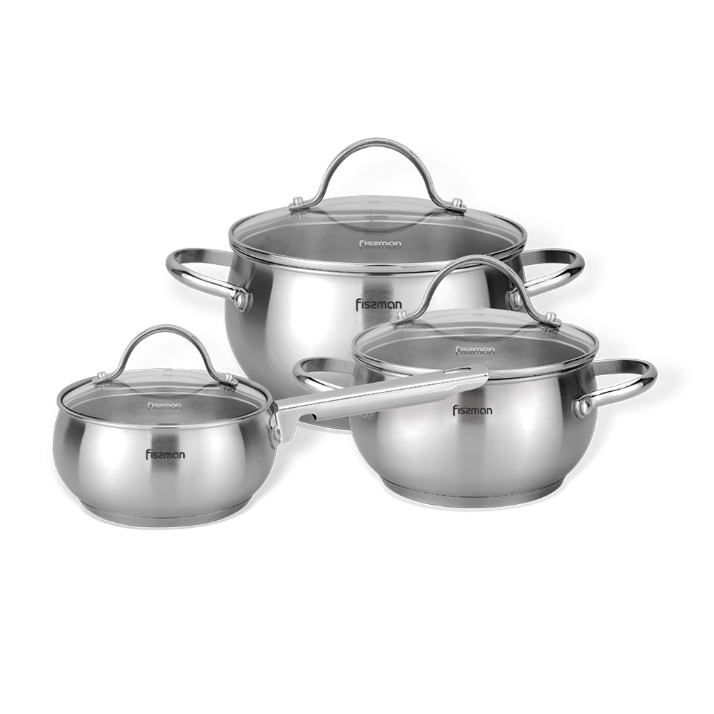Fissman MARTINEZ Stainless Steel 3 Cookware Set with 3 Glass Lid – Saucepan, Casserole, Pots, Non-Stick Coating, Made with 18/10 (INOX304)Kitchen StorageFISSMAN values its customers and treats the quality of its products with special attention. The steame