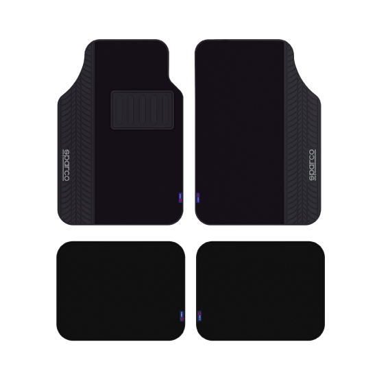 Sparco Universal 5pcs Car Mats - BlackCar AccessoriesTire pattern PVC on front pieces. 5pcs/set. Suitable for all seasons. Easy to clean. Set includes two front mats and three rear mats. Universal shape to fit most cars.