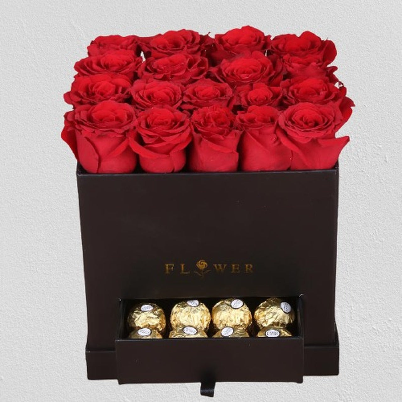 Grande Square Red roses in a Black BoxFlowers20 Red Roses 8 Ferrero Rocher Beautifully Arranged In Black Box