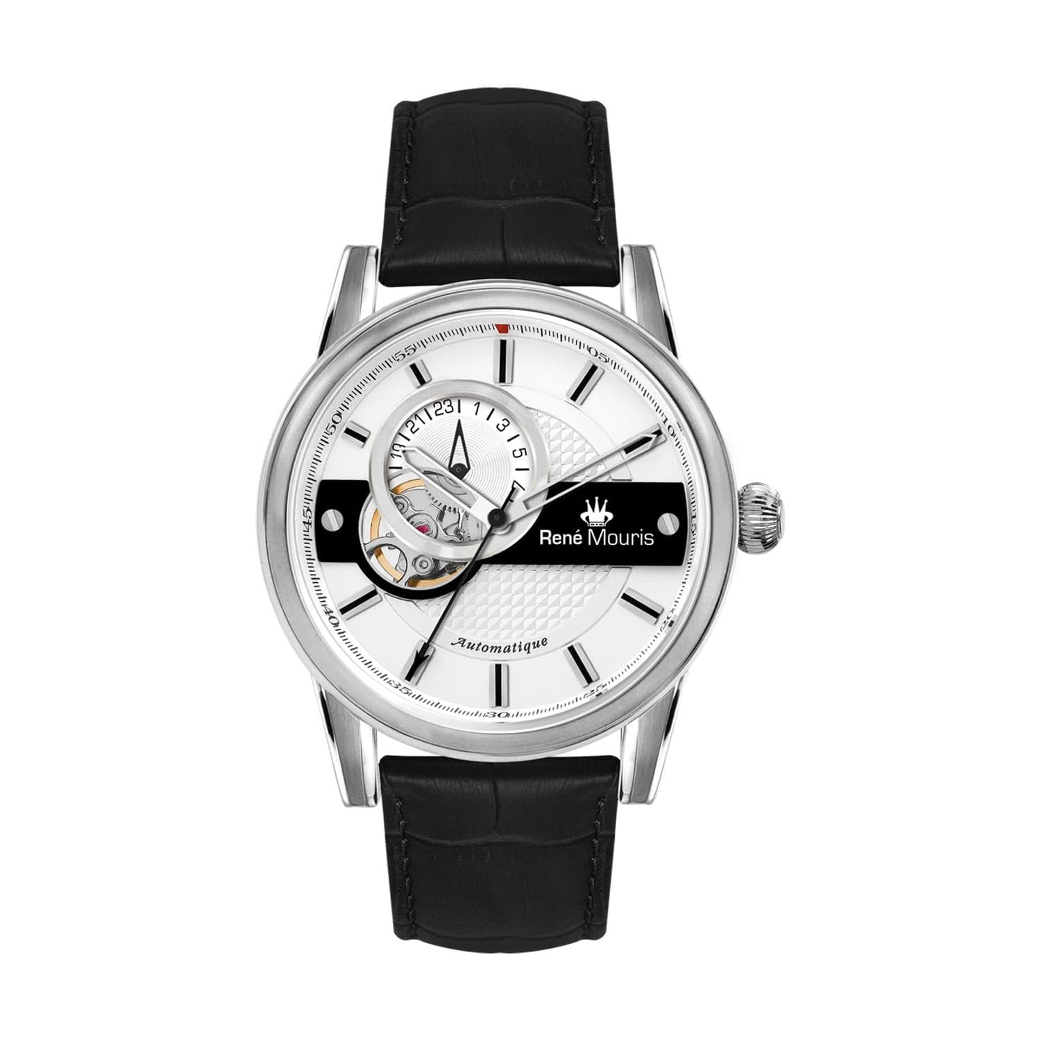 RENE MOURIS Orion Series Automatic Watch GentsJewelleryRENE MOURIS Orion Series Automatic Gents Watch - Hidden (Butterfly) Deployant Clasp - See-through Case Back - Reserve up to 41 hours-Band Color Black - Genuine Leather - Dial Color White - Water Resis