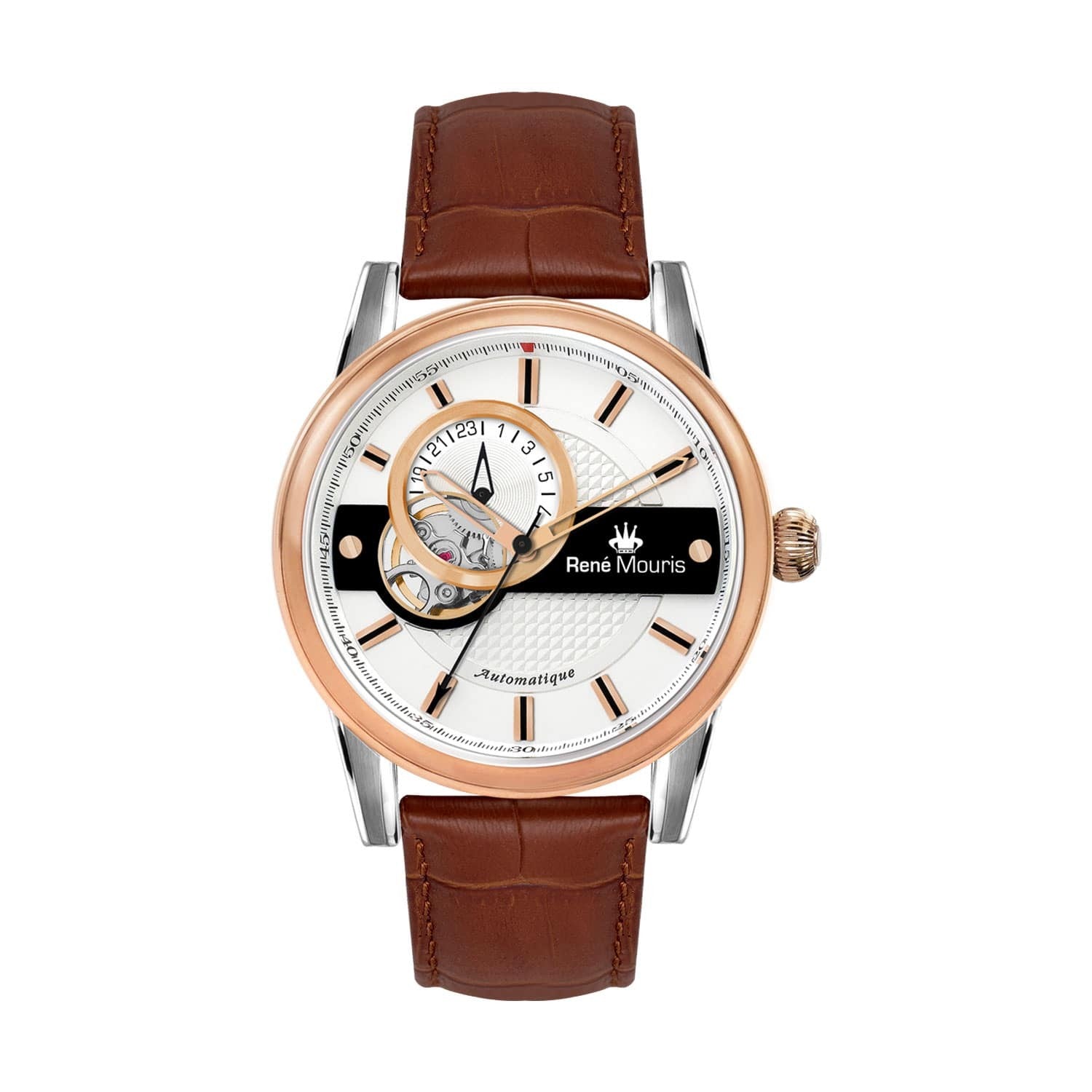 RENE MOURIS Orion Series Automatic Watch GentsJewelleryRENE MOURIS Orion Series Automatic Gents Watch - Hidden (Butterfly) Deployant Clasp - See-through Case Back - Reserve up to 41 hours-Band Color Black - Genuine Leather - Dial Color White - Water Resis