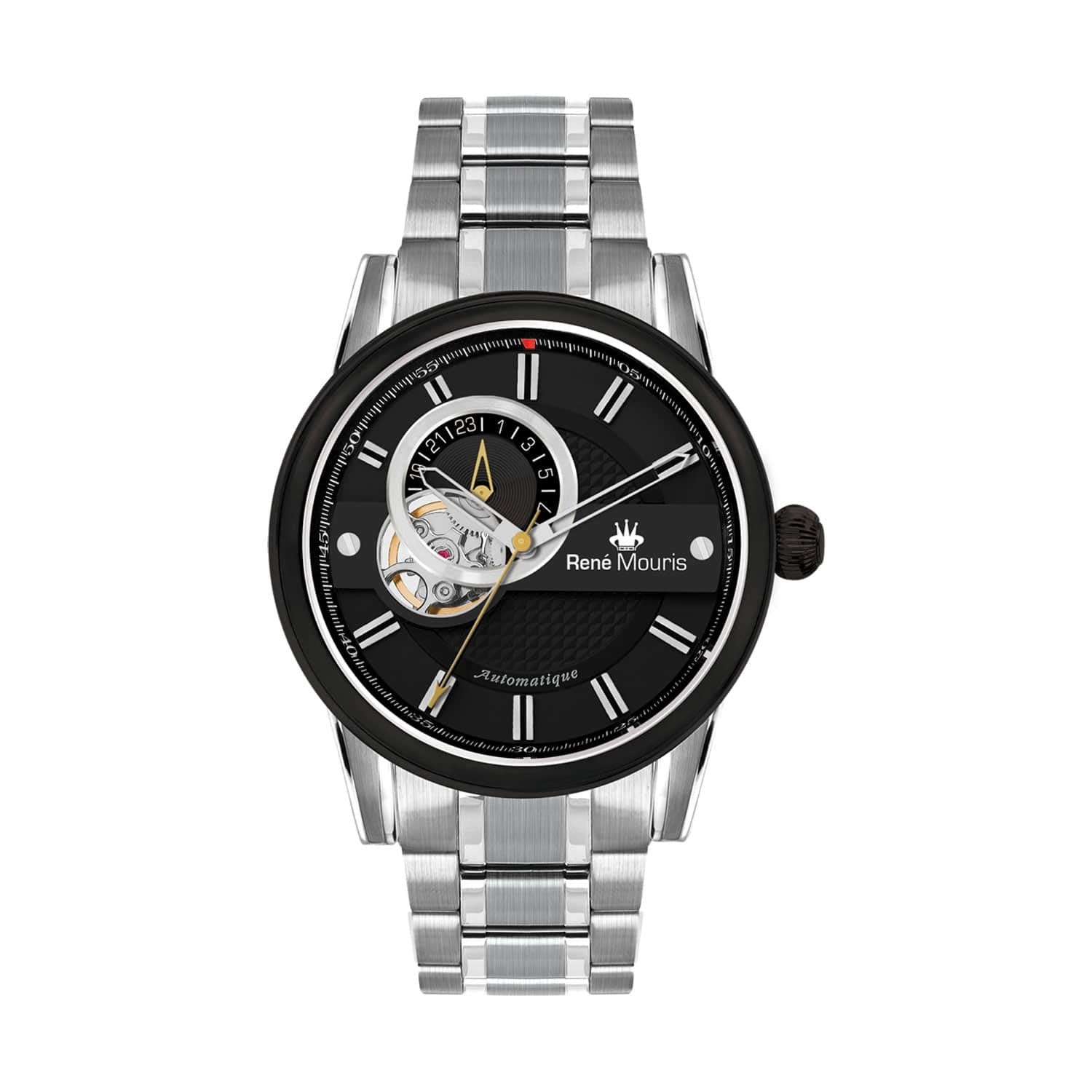 RENE MOURIS Orion Series Automatic Watch GentsJewelleryRENE MOURIS Orion Series Automatic Gents Watch - Hidden (Butterfly) Deployant Clasp - See-through Case Back - Reserve up to 41 hours-Band Color Black - Genuine Leather - Dial Color White - Water Resis