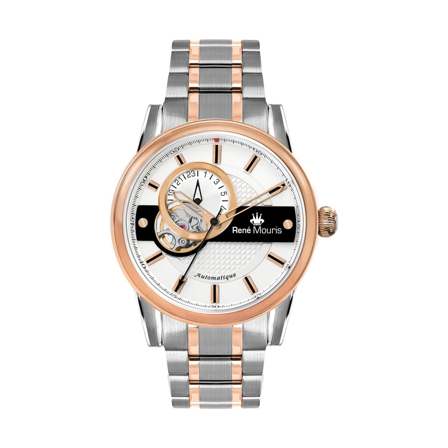 RENE MOURIS Orion Series Automatic Watch GentsJewelleryRENE MOURIS Orion Series Automatic Gents Watch - Hidden (Butterfly) Deployant Clasp - See-through Case Back - Reserve up to 41 hours-Band Color Black - Genuine Leather - Dial Color White - Water Resis