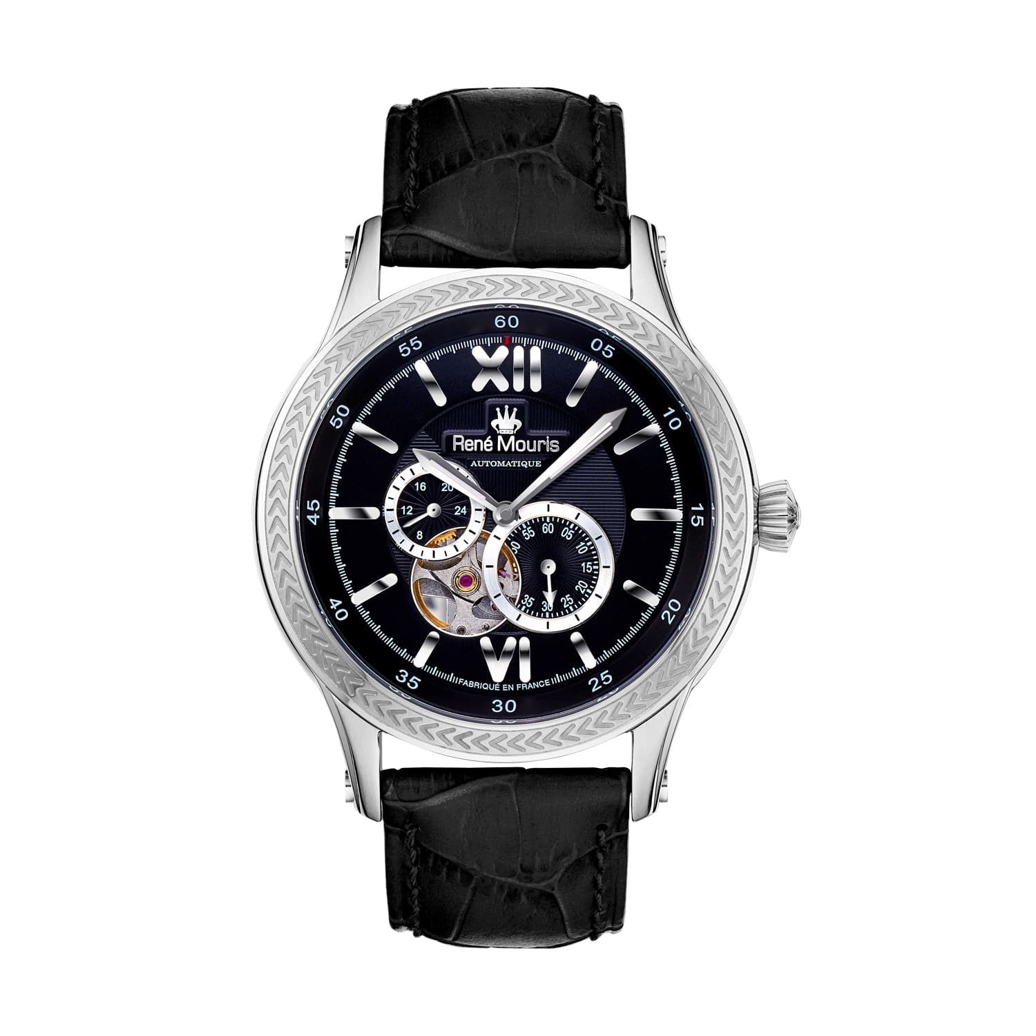 Rene Mouris Classic Automatic Watch Gents CoronaJewelleryRene Mouris Automatic Mechanical Gents Watch - Hidden (Butterfly) Deployant Clasp - See-through Case Back - Mineral Crystal with Sapphire Coating - Semi-skeleton Dial, Band Color Black - 316L Stainl