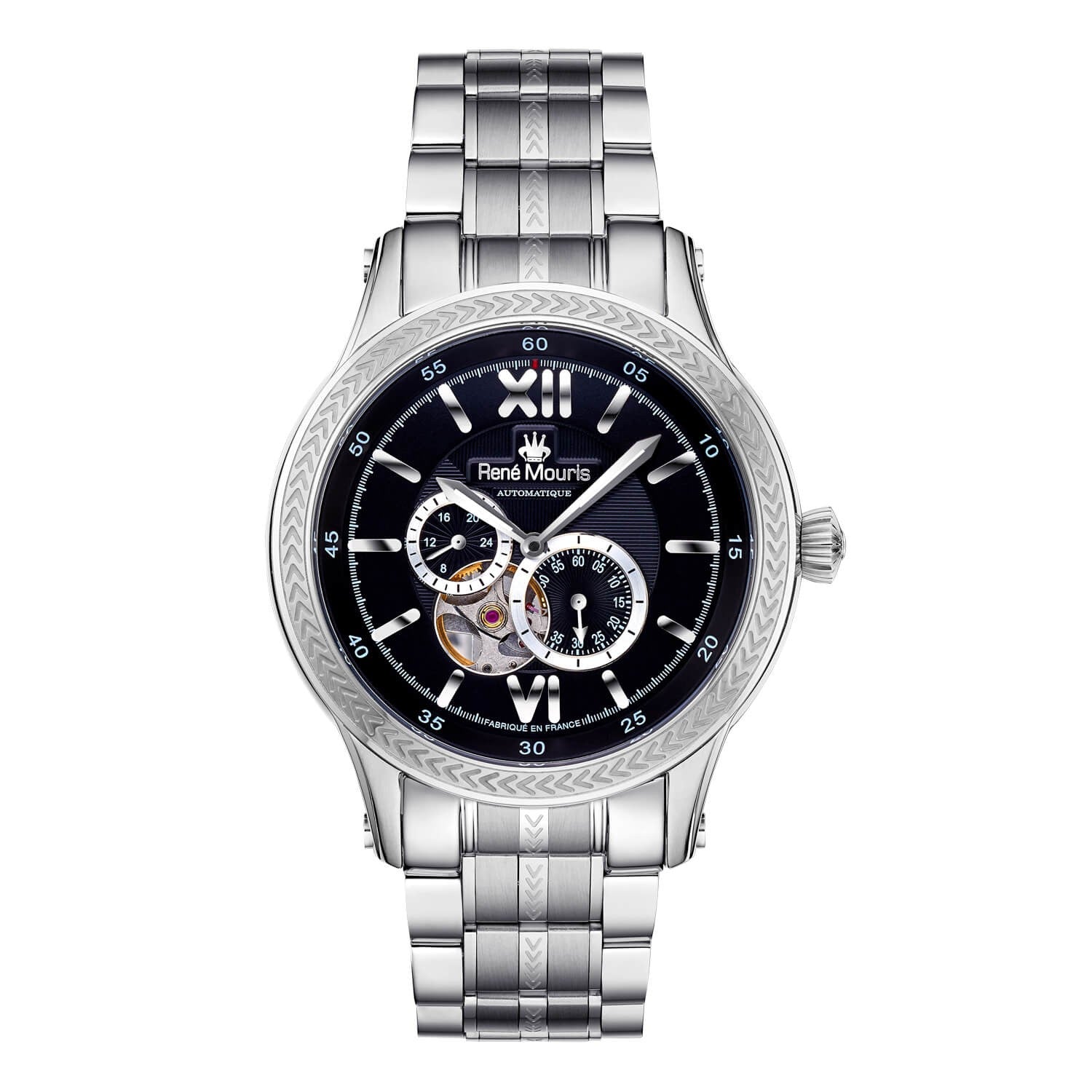 Rene Mouris Classic Automatic Watch Gents CoronaJewelleryRene Mouris Automatic Mechanical Gents Watch - Hidden (Butterfly) Deployant Clasp - See-through Case Back - Mineral Crystal with Sapphire Coating - Semi-skeleton Dial, Band Color Black - 316L Stainl