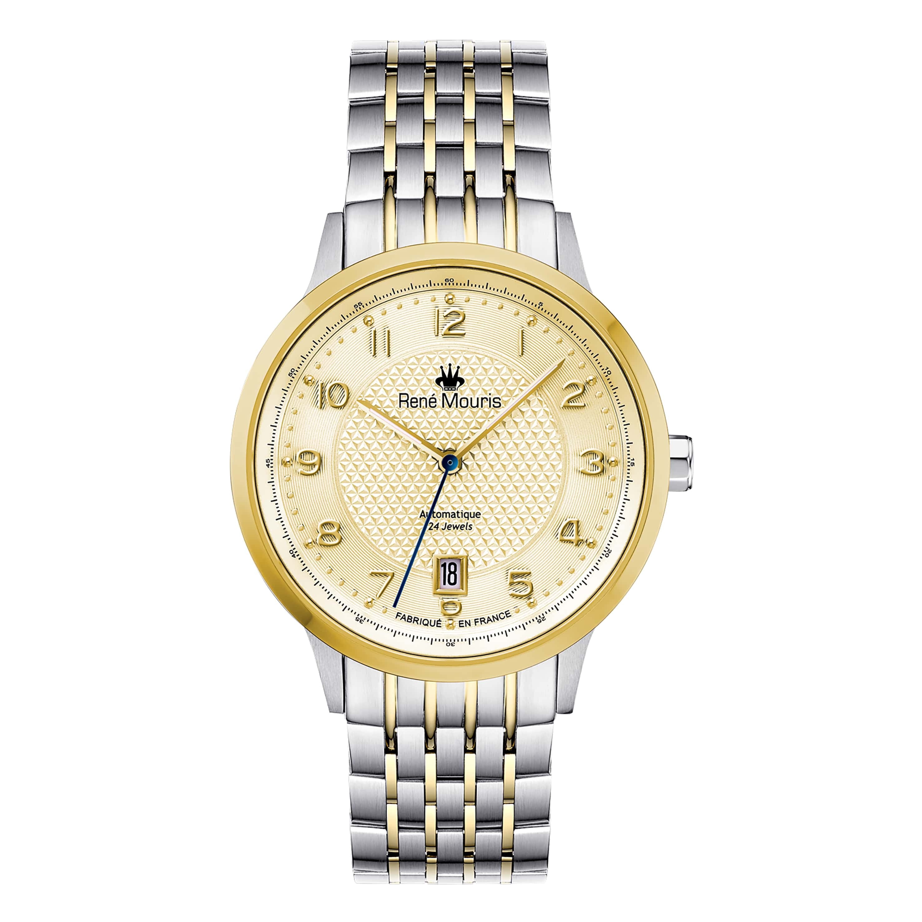 Rene Mouris Stainless steel analog watch Gents FIDELEJewelleryRene Mouris Automatic Mechanical Gents Watch - Hidden (Butterfly) Deployant Clasp - See-through Case Back - Sapphire Crystal, Band Color Silver and Gold PVD Coated - 316L Stainless Steel- Water
