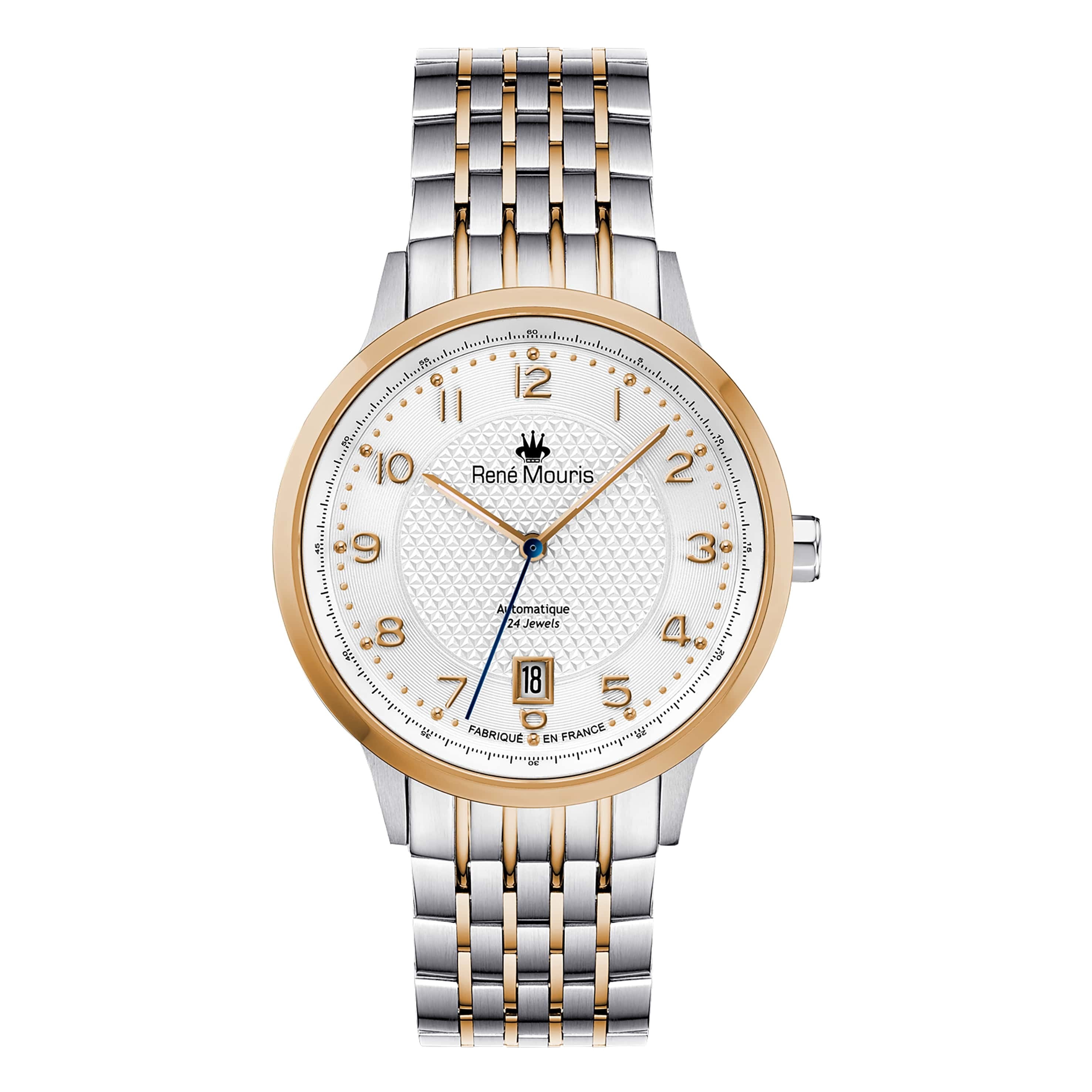 Rene Mouris Stainless steel analog watch Gents FIDELEJewelleryRene Mouris Automatic Mechanical Gents Watch - Hidden (Butterfly) Deployant Clasp - See-through Case Back - Sapphire Crystal, Band Color Silver and Gold PVD Coated - 316L Stainless Steel- Water