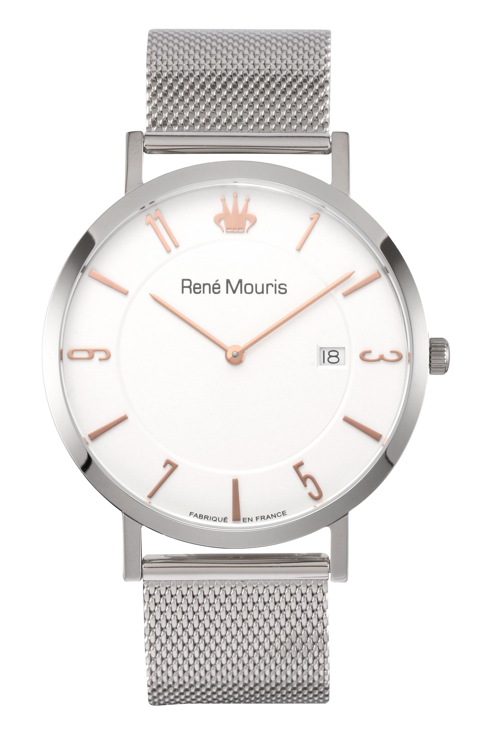 RENE MOURIS L'Emporter with Mesh Band UniSexJewelleryRene Mouris Quartz UniSex Watch - Analog Display - Fold-over Deployant Clasp- Date Window - Mineral Crystal with Sapphire Coating- Date Window-Band Color Silver - 316L Stainless Steel- Dial Color White