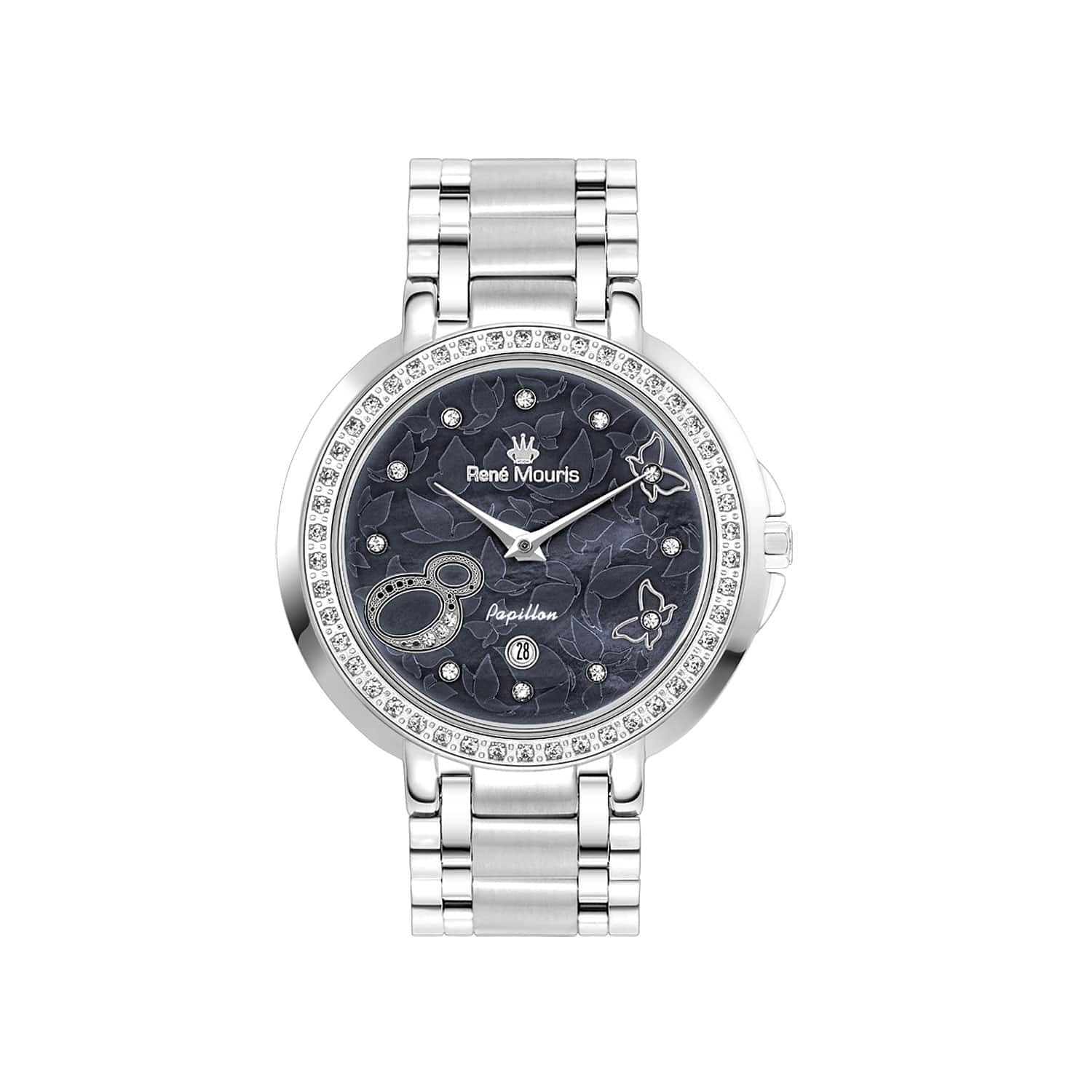 RENE MOURIS Papillon Series Quartz Watch LadiesJewelleryRENE MOURIS Papillon Series Quartz LADIES Watch - Hidden (Butterfly) Deployant Clasp - Date Window - 46 pieces of Crystal on Bezel-Band Color Silver - 316L Stainless Steel - Dial Color Mother of Pear