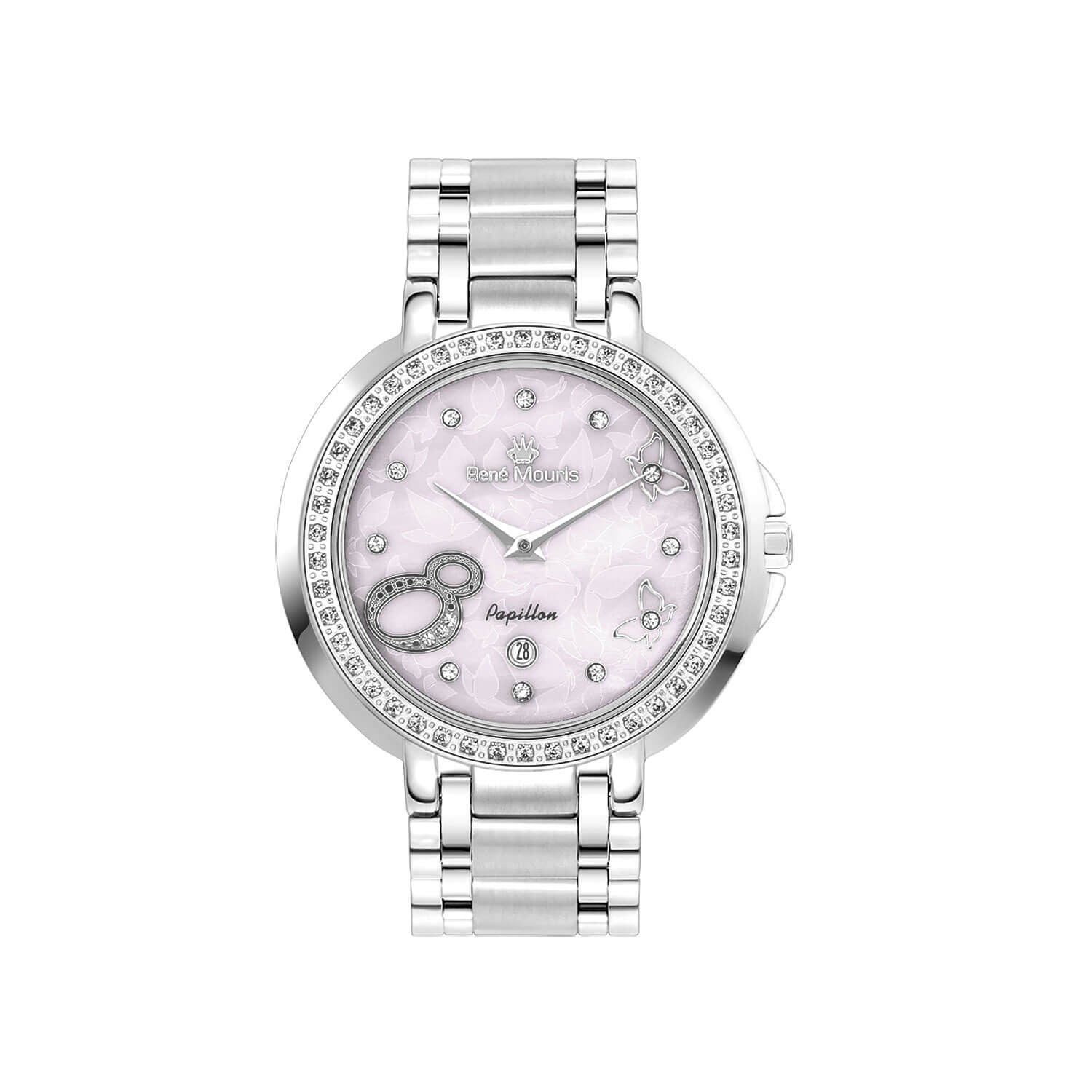 RENE MOURIS Papillon Series Quartz Watch LadiesJewelleryRENE MOURIS Papillon Series Quartz LADIES Watch - Hidden (Butterfly) Deployant Clasp - Date Window - 46 pieces of Crystal on Bezel-Band Color Silver - 316L Stainless Steel - Dial Color Mother of Pear