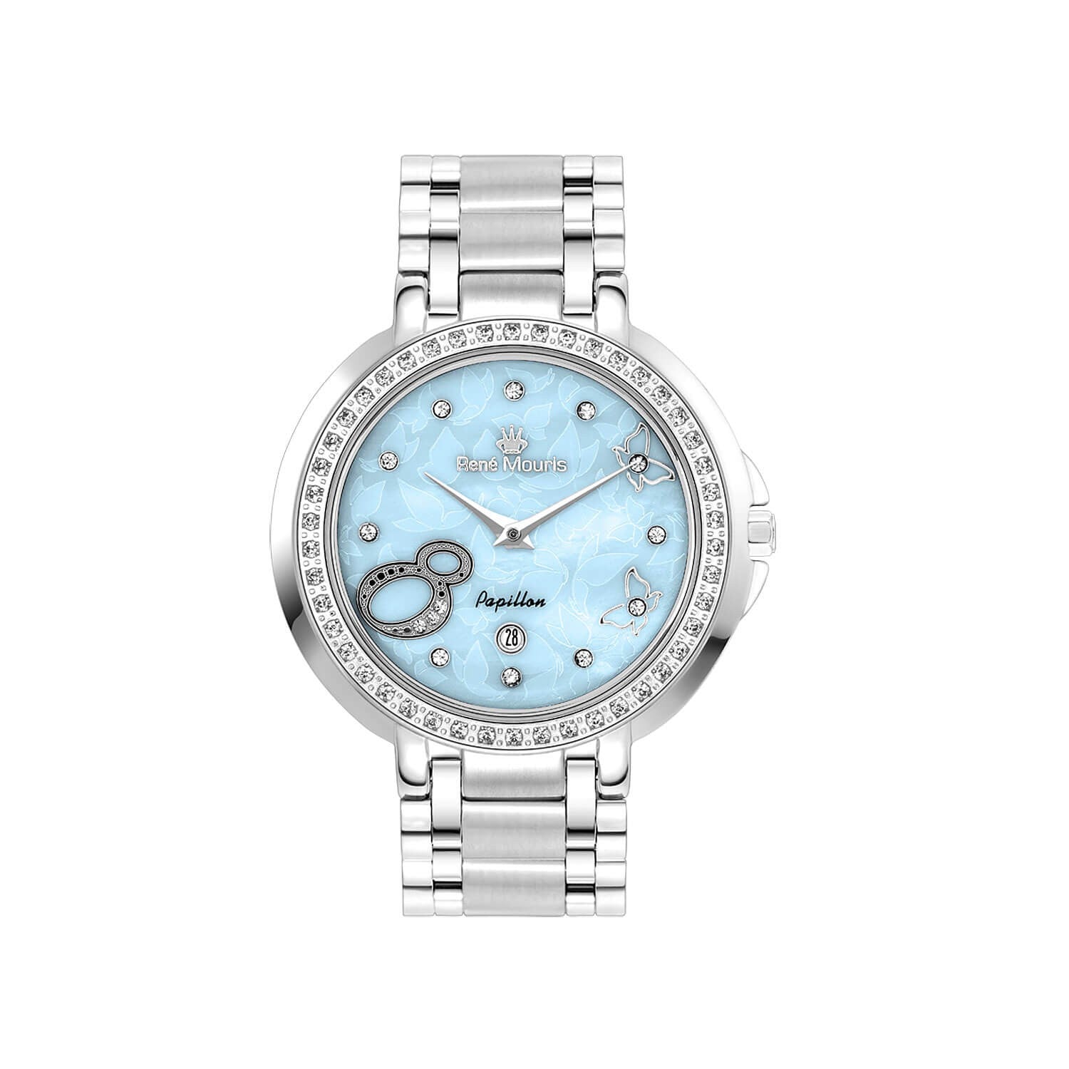RENE MOURIS Papillon Series Quartz Watch LadiesJewelleryRENE MOURIS Papillon Series Quartz LADIES Watch - Hidden (Butterfly) Deployant Clasp - Date Window - 46 pieces of Crystal on Bezel-Band Color Silver - 316L Stainless Steel - Dial Color Mother of Pear
