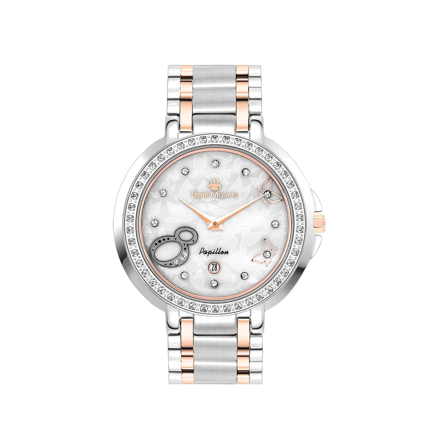 RENE MOURIS Papillon Series Quartz Watch LadiesJewelleryRENE MOURIS Papillon Series Quartz LADIES Watch - Hidden (Butterfly) Deployant Clasp - Date Window - 46 pieces of Crystal on Bezel-Band Color Silver - 316L Stainless Steel - Dial Color Mother of Pear
