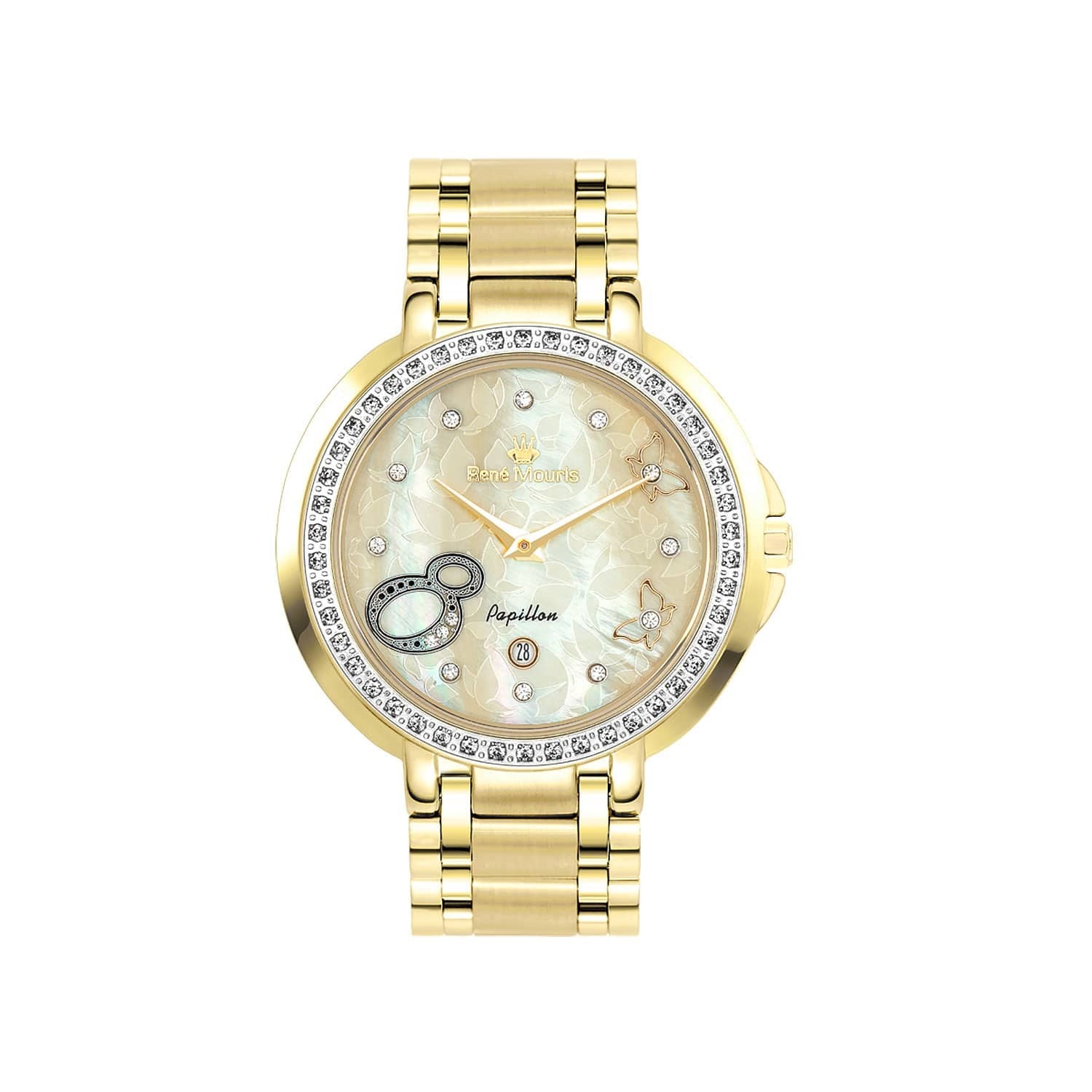 RENE MOURIS Papillon Series Quartz Watch LadiesJewelleryRENE MOURIS Papillon Series Quartz LADIES Watch - Hidden (Butterfly) Deployant Clasp - Date Window - 46 pieces of Crystal on Bezel-Band Color Silver - 316L Stainless Steel - Dial Color Mother of Pear