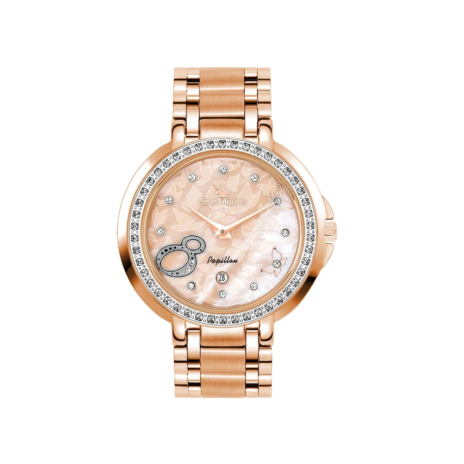RENE MOURIS Papillon Series Quartz Watch LadiesJewelleryRENE MOURIS Papillon Series Quartz LADIES Watch - Hidden (Butterfly) Deployant Clasp - Date Window - 46 pieces of Crystal on Bezel-Band Color Silver - 316L Stainless Steel - Dial Color Mother of Pear