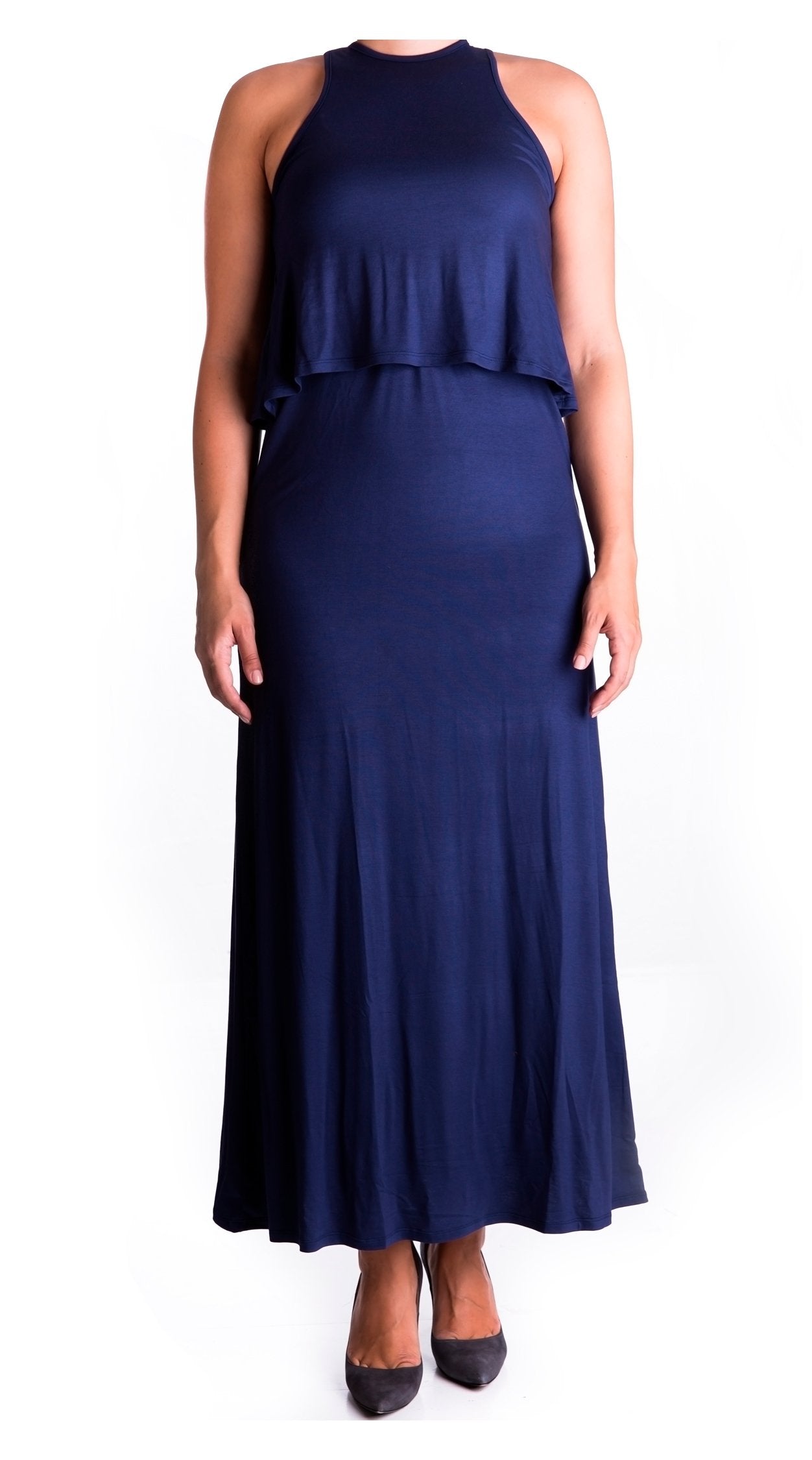Mama Basic - Double Layer Long Maternity & Nursing Dress - NavyWomens FashionDouble layer long maternity and nursing dress in soft cotton. Allows you to easily breastfeed while being discreet and comfortable. Sleeveless.Beautiful dark navy blue. 95% cotto