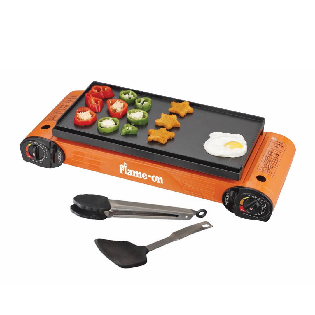 Flame-On Double Burner Portable Gas Stove W/ Heavy Duty CaseOutdoorFlame-On Double Burner Portable Gas Stove is ideal for kitchen, outdoor camping, hiking, backpacking and more Gas stove features a rust proof aluminium burner Stove comes with tongs and sp