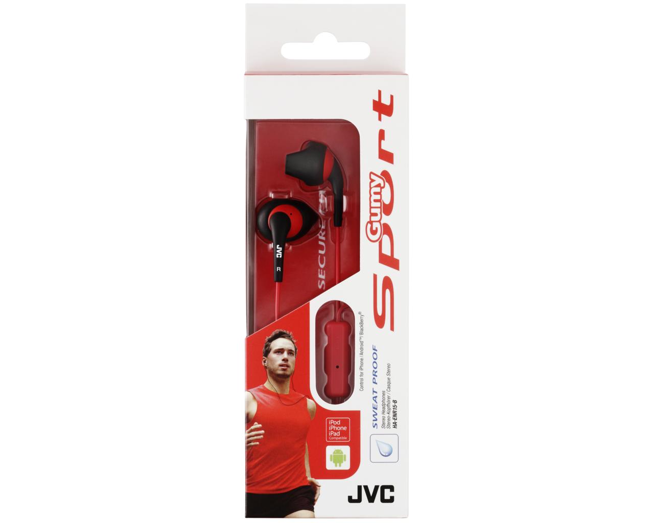 JVC Wired In-Ear Headphone HA-ENR15HeadphonesSweat proof (IPX2) "Gumy Sport" headphones ideal for sports1-button remote & mic for iPhone / iPod / iPad / Android / BlackBerry (non sweat proof)Secure and comfortable fitting with "Nozzle fit earpiece"1.0m co