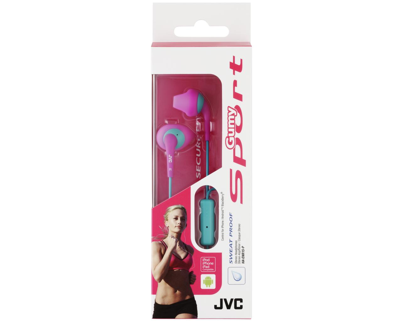JVC Wired In-Ear Headphone HA-ENR15HeadphonesSweat proof (IPX2) "Gumy Sport" headphones ideal for sports1-button remote & mic for iPhone / iPod / iPad / Android / BlackBerry (non sweat proof)Secure and comfortable fitting with "Nozzle fit earpiece"1.0m co