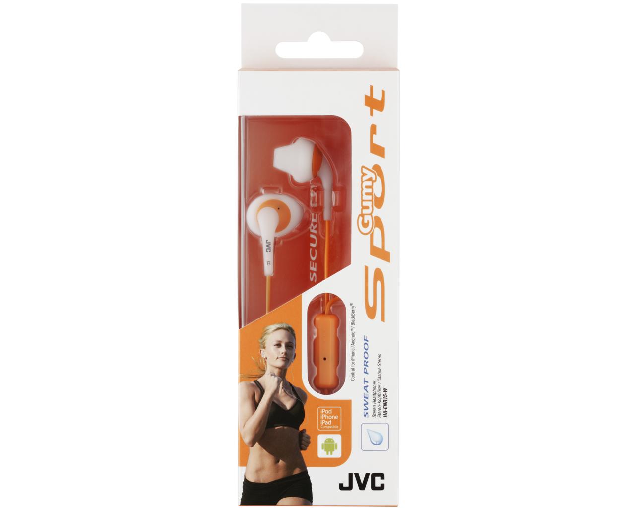 JVC Wired In-Ear Headphone HA-ENR15HeadphonesSweat proof (IPX2) "Gumy Sport" headphones ideal for sports1-button remote & mic for iPhone / iPod / iPad / Android / BlackBerry (non sweat proof)Secure and comfortable fitting with "Nozzle fit earpiece"1.0m co