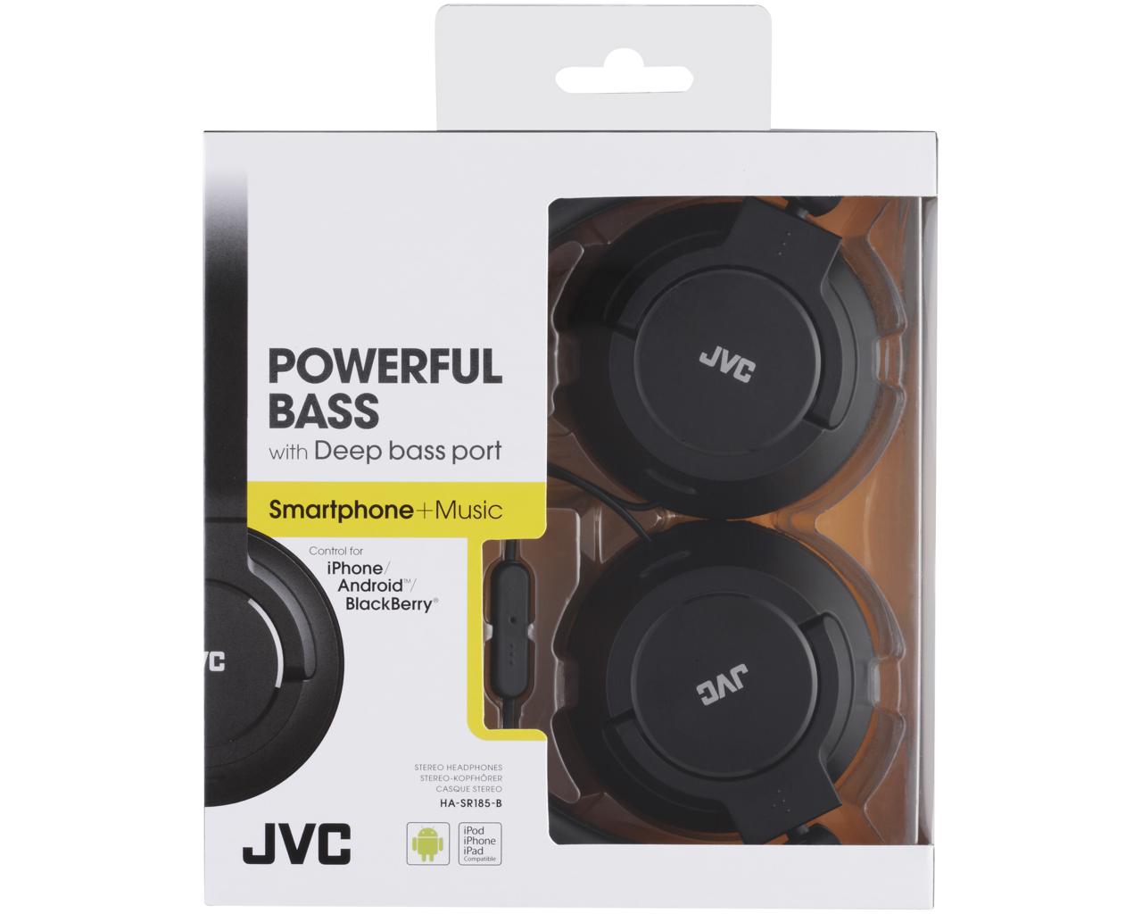 JVC Wired On-ear Headphone HA-SR185Headphones1-button remote and mic for iPhone / iPod / iPad / Android / BlackBerryHigh quality sound reproduction with 1.18" (30mm) Neodymium driver unitPowerful deep bass achieved with Deep Bass2-way foldable (flat & com