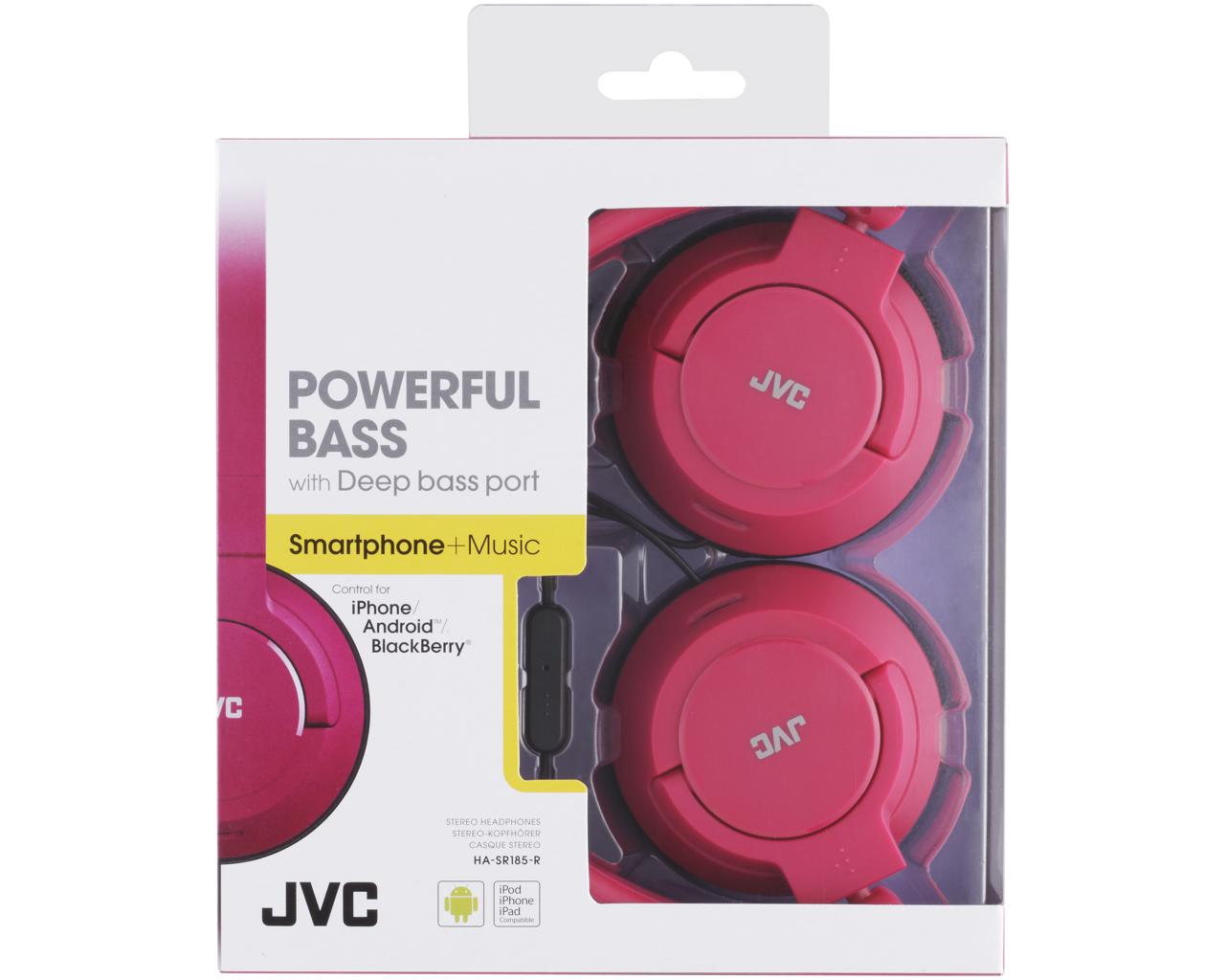 JVC Wired On-ear Headphone HA-SR185Headphones1-button remote and mic for iPhone / iPod / iPad / Android / BlackBerryHigh quality sound reproduction with 1.18" (30mm) Neodymium driver unitPowerful deep bass achieved with Deep Bass2-way foldable (flat & com