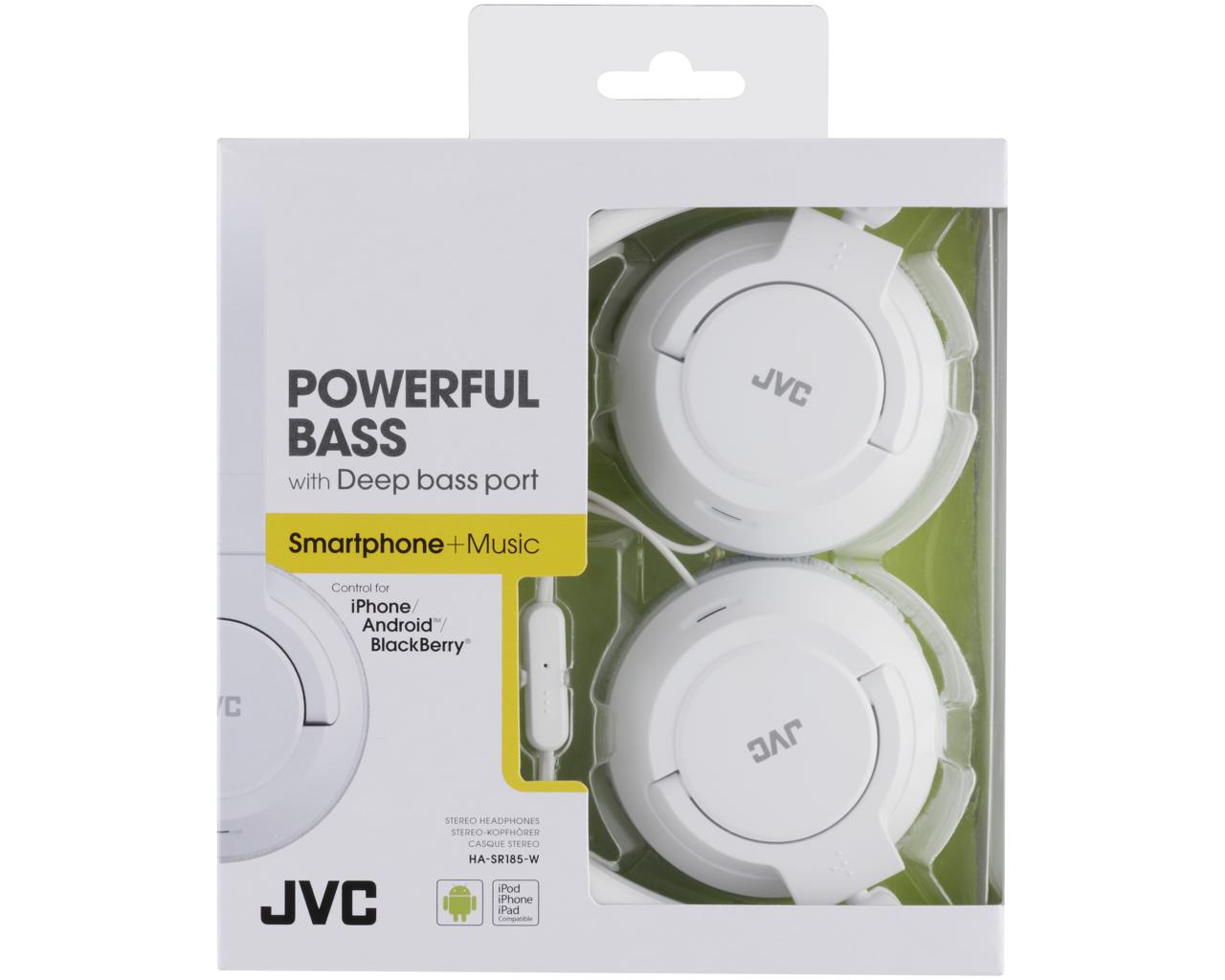 JVC Wired On-ear Headphone HA-SR185Headphones1-button remote and mic for iPhone / iPod / iPad / Android / BlackBerryHigh quality sound reproduction with 1.18" (30mm) Neodymium driver unitPowerful deep bass achieved with Deep Bass2-way foldable (flat & com