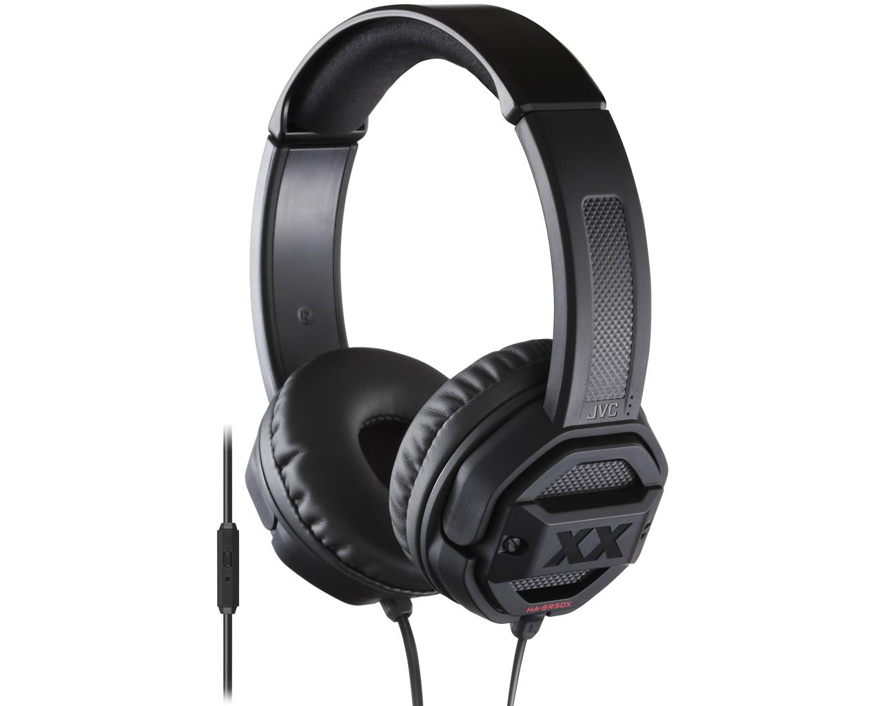 JVC Wired On-ear Extreme Headphone HA-SR50XHeadphonesIn-line 1-button remote & mic for iPhone / Android / BlackBerry "Dual Extreme Bass Ports" and 40mm Neodymium driver units deliver ultimate bass sound Robust body with anti-impact "Tough Protectors" Soft