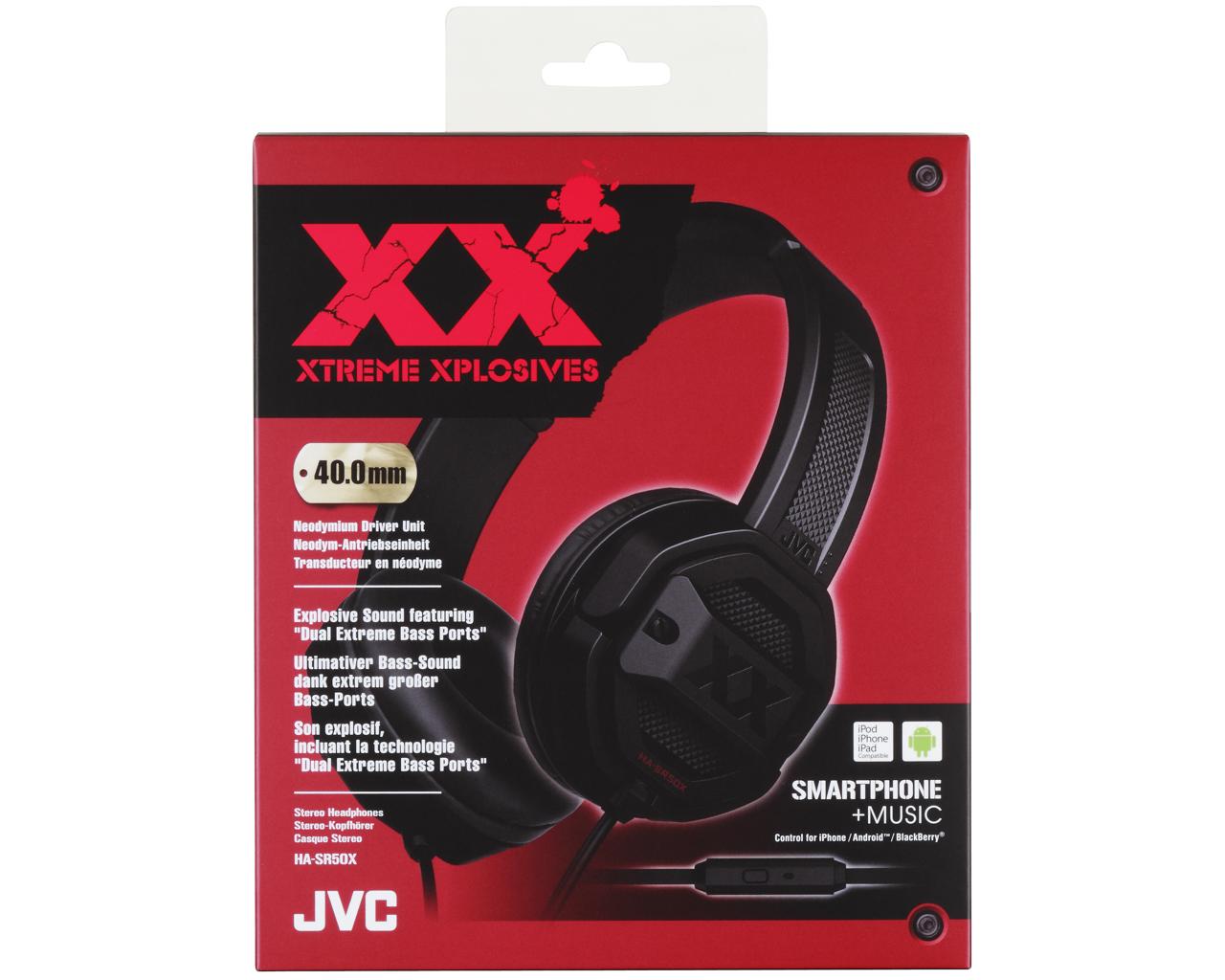 JVC Wired On-ear Extreme Headphone HA-SR50XHeadphonesIn-line 1-button remote & mic for iPhone / Android / BlackBerry "Dual Extreme Bass Ports" and 40mm Neodymium driver units deliver ultimate bass sound Robust body with anti-impact "Tough Protectors" Soft