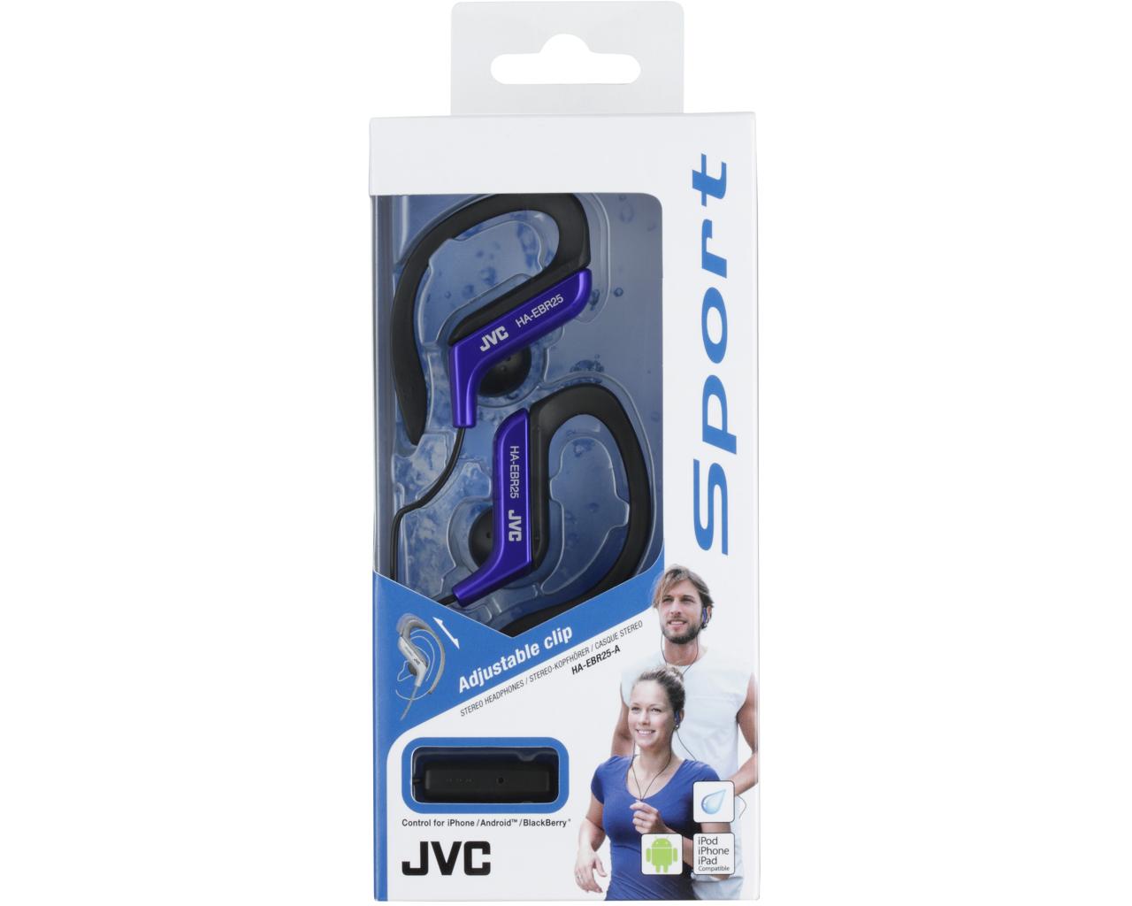 JVC Wired In-Ear Headphone HA-EBR25Headphones1-button remote and mic for iPhone / iPod / iPad / Android / BlackBerryPowerful 13.5mm neodymium driver unitEar clip heaphones with adjustable clip structure which has five selectable position for secure fitBas