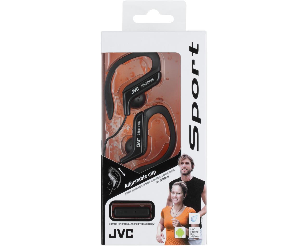 JVC Wired In-Ear Headphone HA-EBR25Headphones1-button remote and mic for iPhone / iPod / iPad / Android / BlackBerryPowerful 13.5mm neodymium driver unitEar clip heaphones with adjustable clip structure which has five selectable position for secure fitBas