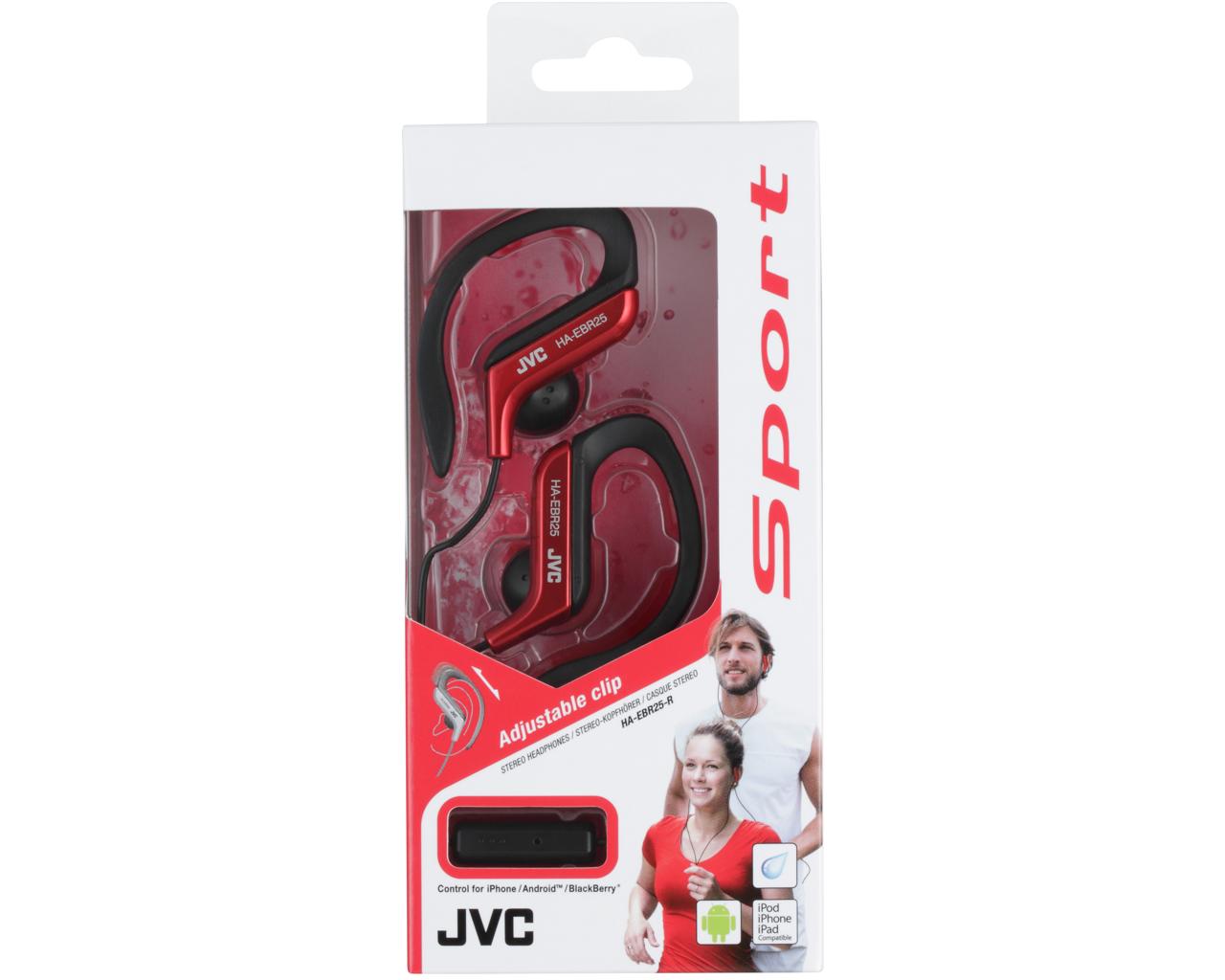 JVC Wired In-Ear Headphone HA-EBR25Headphones1-button remote and mic for iPhone / iPod / iPad / Android / BlackBerryPowerful 13.5mm neodymium driver unitEar clip heaphones with adjustable clip structure which has five selectable position for secure fitBas