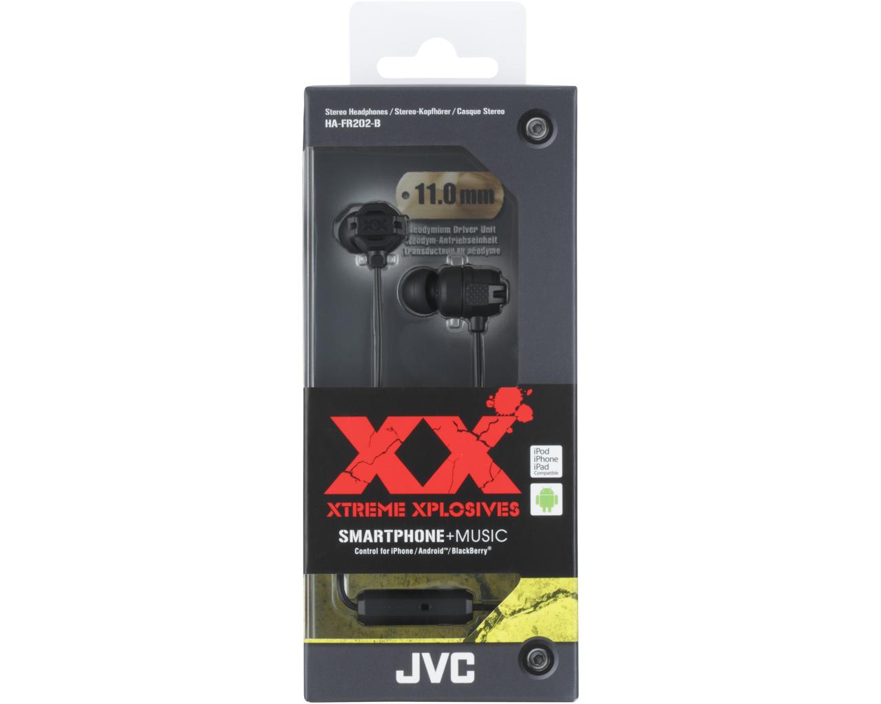 JVC Wired In-ear Extreme Headphone HA-FR202HeadphonesIn-line 1-button remote & mic for iPhone / Android / BlackBerry"Extreme Bass Ports" and 11mm Neodymium driver units deliver ultimate bass soundRobust body with anti-impact "Tough Protectors"Ergonomicall