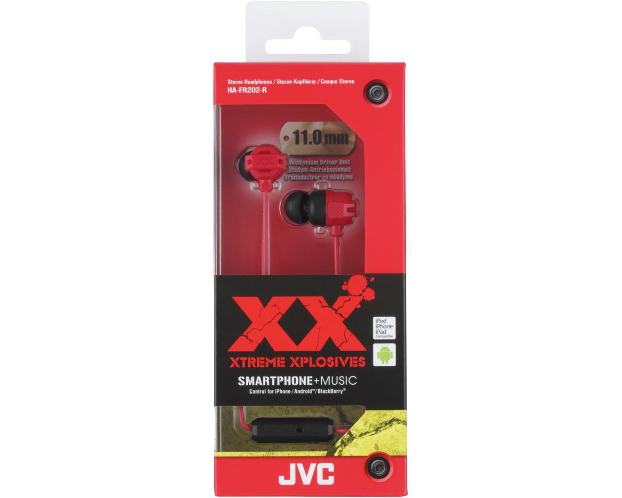 JVC Wired In-ear Extreme Headphone HA-FR202HeadphonesIn-line 1-button remote & mic for iPhone / Android / BlackBerry"Extreme Bass Ports" and 11mm Neodymium driver units deliver ultimate bass soundRobust body with anti-impact "Tough Protectors"Ergonomicall