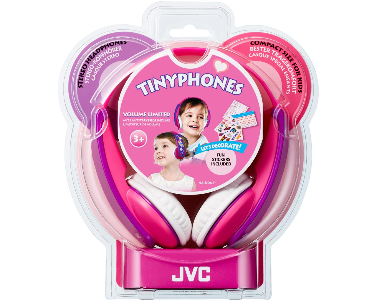 JVC Wired On-ear Kids Headphone HA-KD5HeadphonesIdeal for child usage with volume limiterWide headband can be decorated with supplied stickers or users' ownSmall size for children (aged 3 and older)Soft ear pads for wearing comfort with extended useVivid