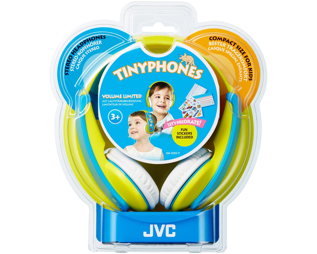 JVC Wired On-ear Kids Headphone HA-KD5HeadphonesIdeal for child usage with volume limiterWide headband can be decorated with supplied stickers or users' ownSmall size for children (aged 3 and older)Soft ear pads for wearing comfort with extended useVivid