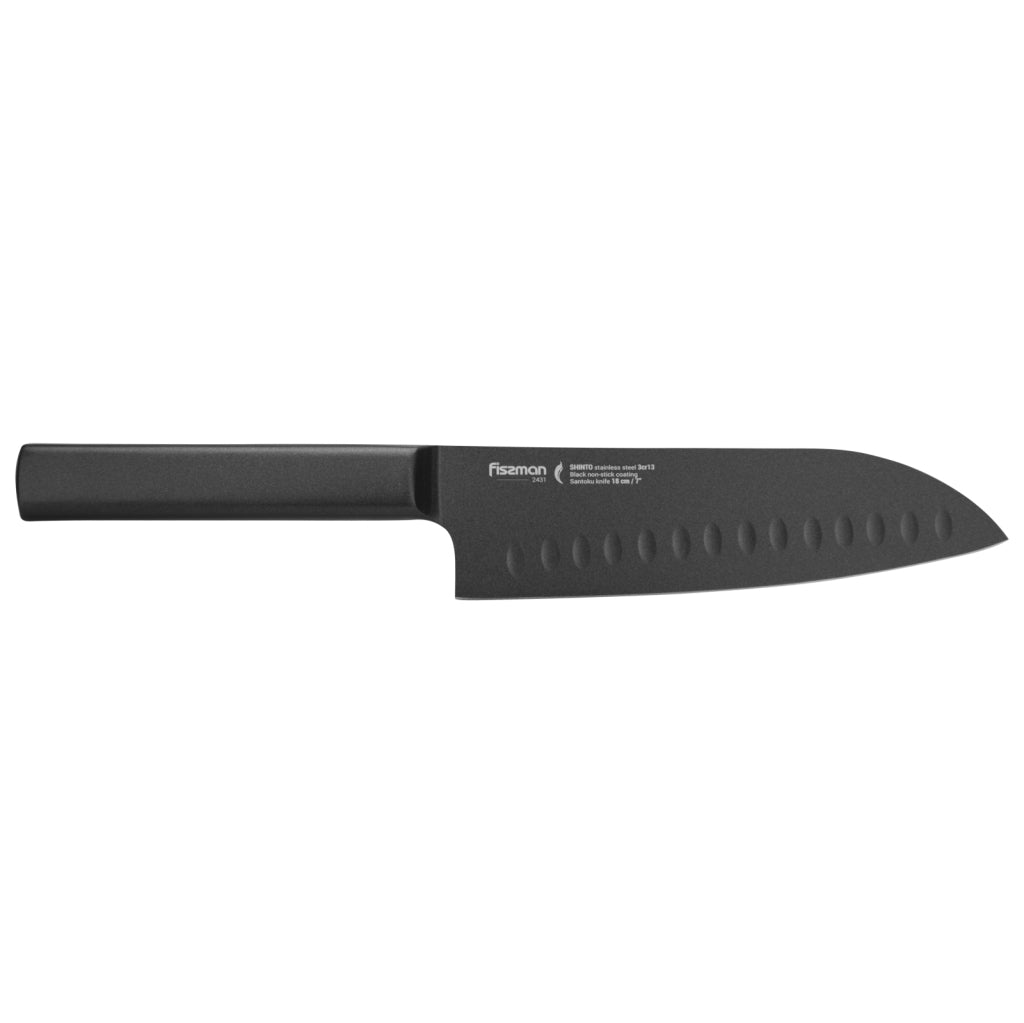 FISSMAN 7'' Santoku Knife SHINTO with Black Non-Stick Coating (3Cr13 Steel)Kitchen Storage7'' Santoku knife SHINTO with Black non-stick coating (3Cr13 steel) The Santoku Knife is a multifunctional item. It is made for chopping vegetables, thin slicing and
