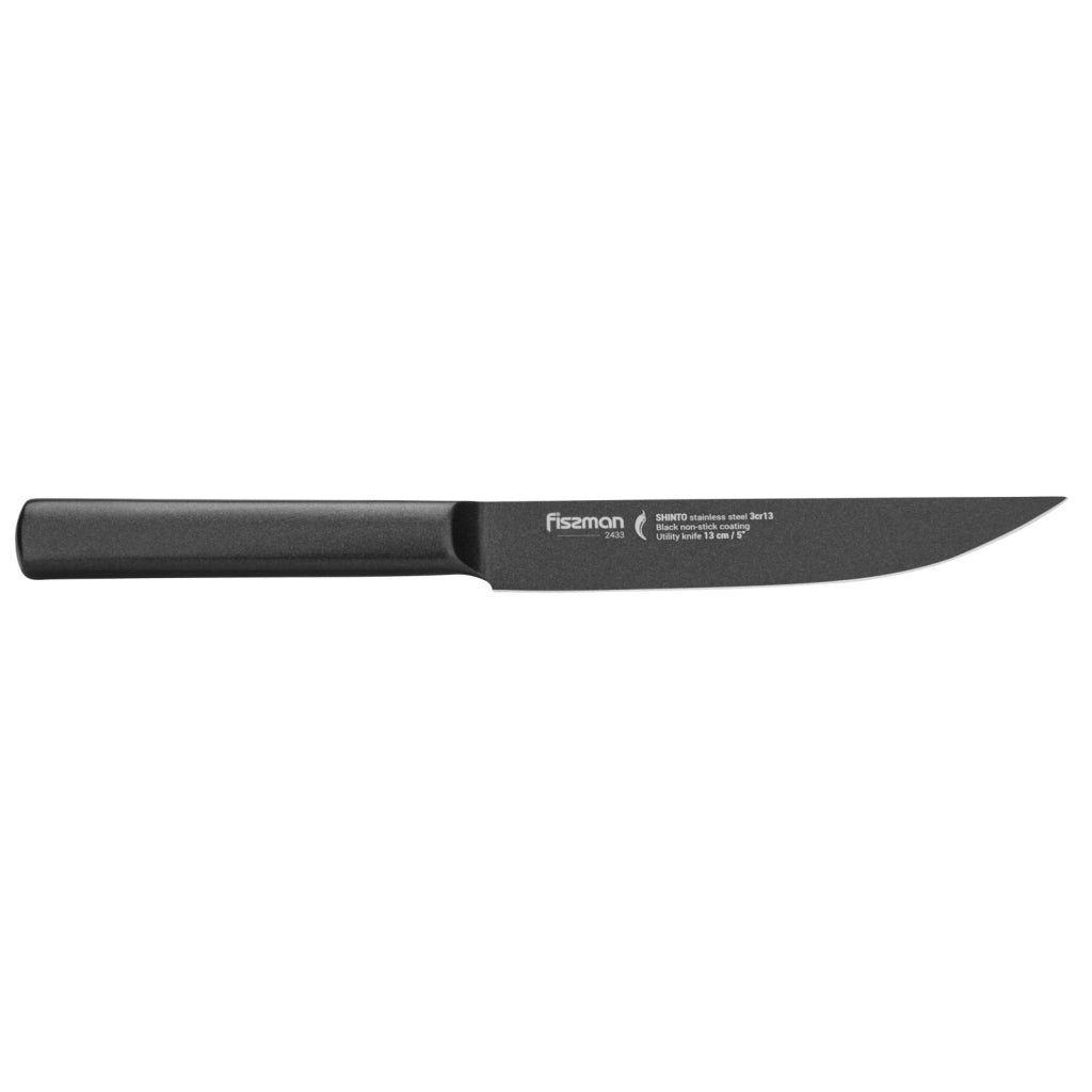 FISSMAN 5'' Utility Knife SHINTO with Black Non-Stick Coating (3Cr13 Steel)Kitchen Storage5'' Utility knife SHINTO with Black non-stick coating (3Cr13 steel) The Utility Knife should be in every kitchen. It can be used for all types of food: fish, meat an